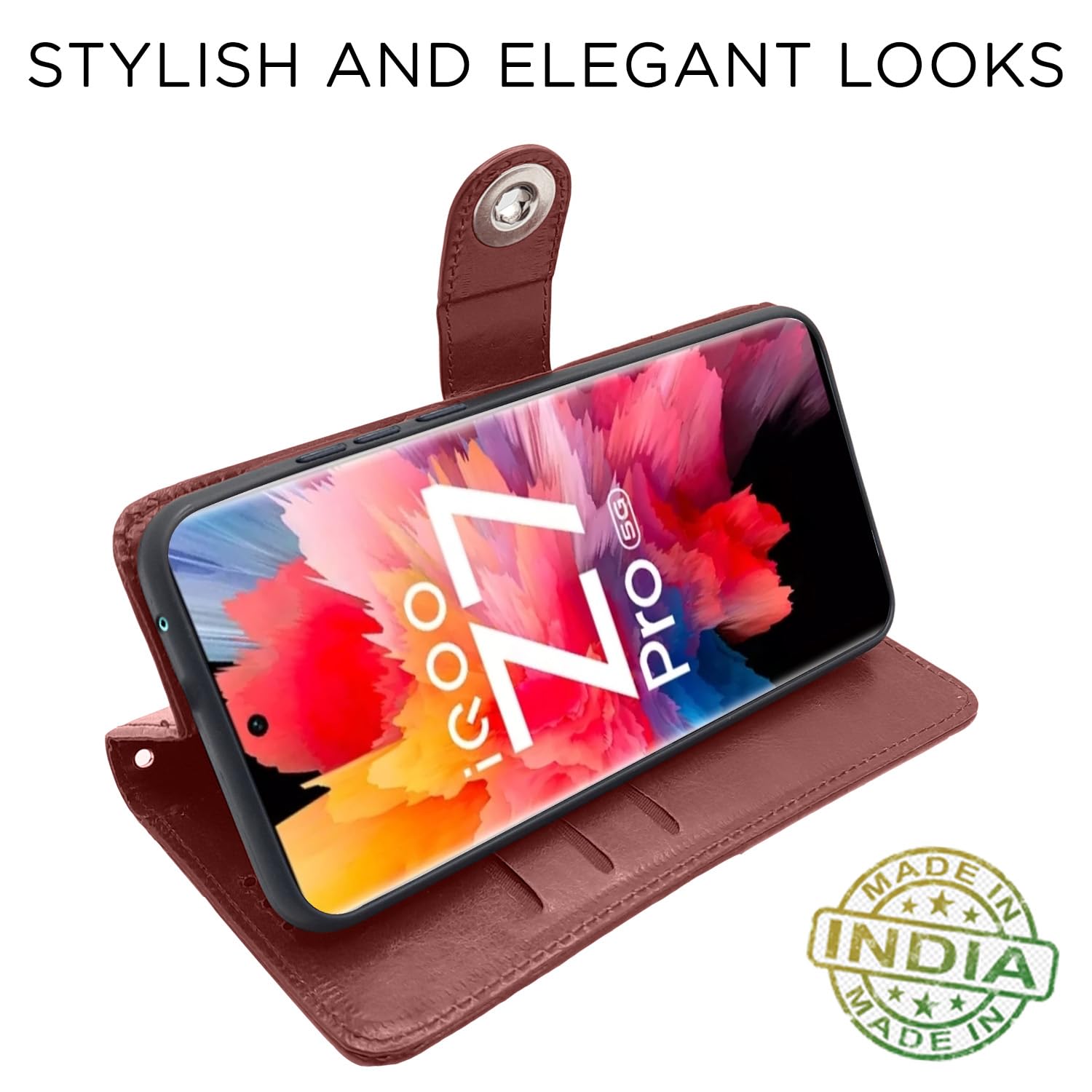 Pikkme iQOO Z7 Pro 5G Button Flip Cover (Brown)