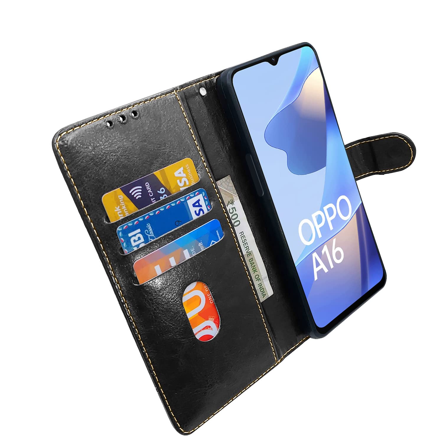 Oppo A16 Contrast wallet flip cover in black & brown by Pikkme – photo 3