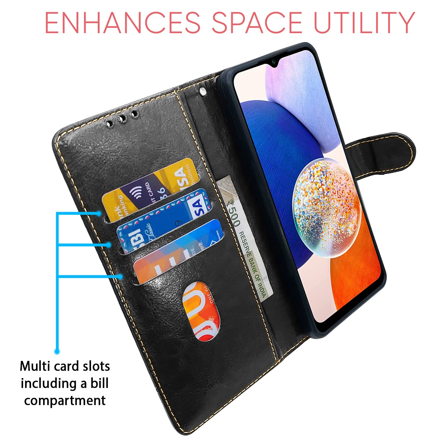Pikkme Samsung Galaxy A14 5G Constrast Flip Cover | Black & Brown