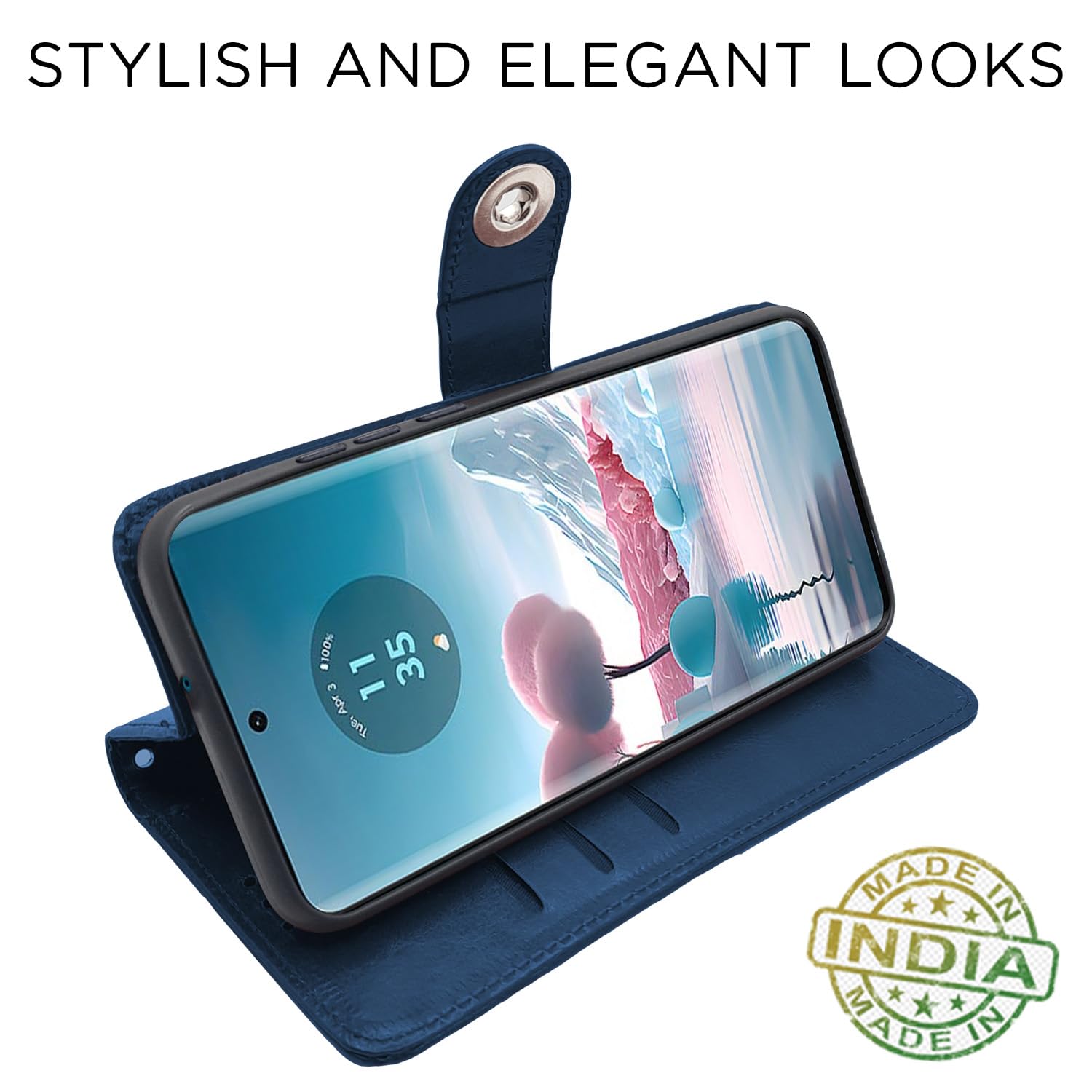 Moto Edge 40 Neo 5G Button wallet flip cover in blue by Pikkme – photo 5