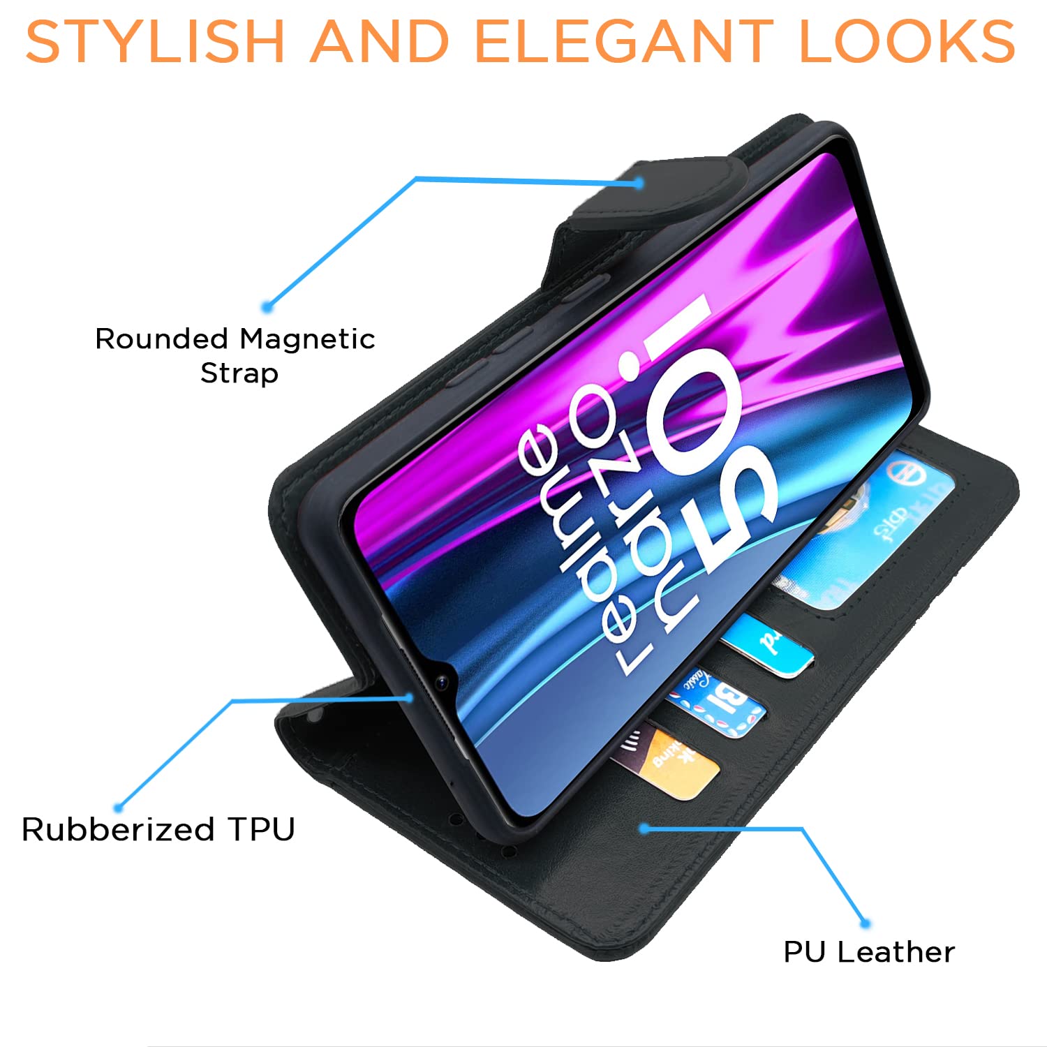 Pikkme Realme Narzo 50i Vintage Flip Cover | Black