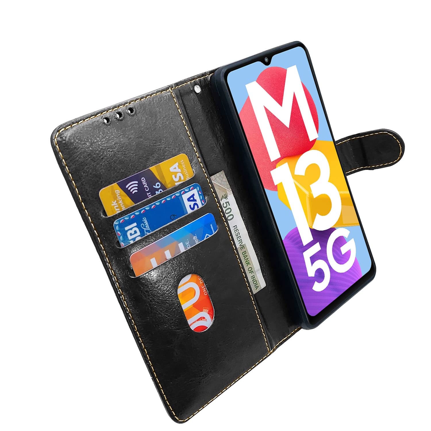 Pikkme Samsung Galaxy M13 5G Constrast Flip Cover | Black & Brown