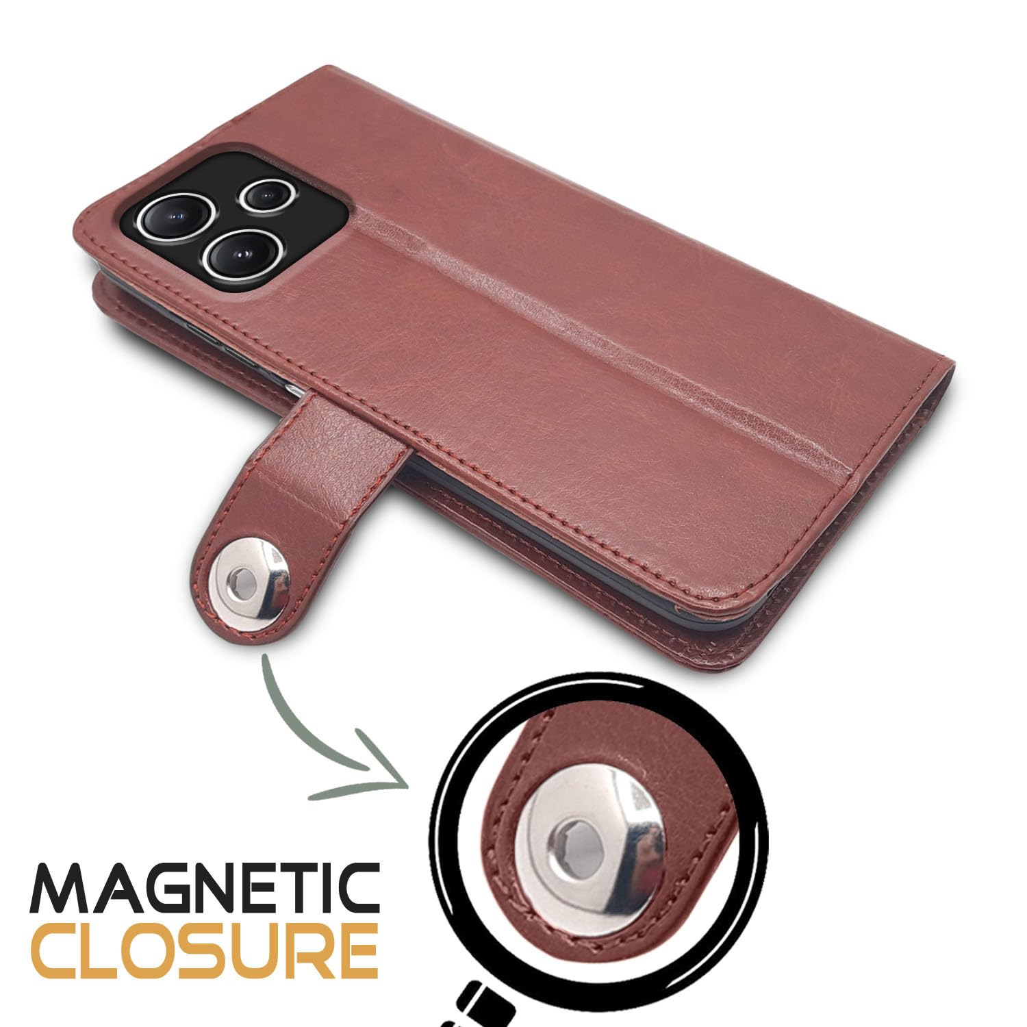 Pikkme Redmi 12 5G Button Flip Cover (Brown)