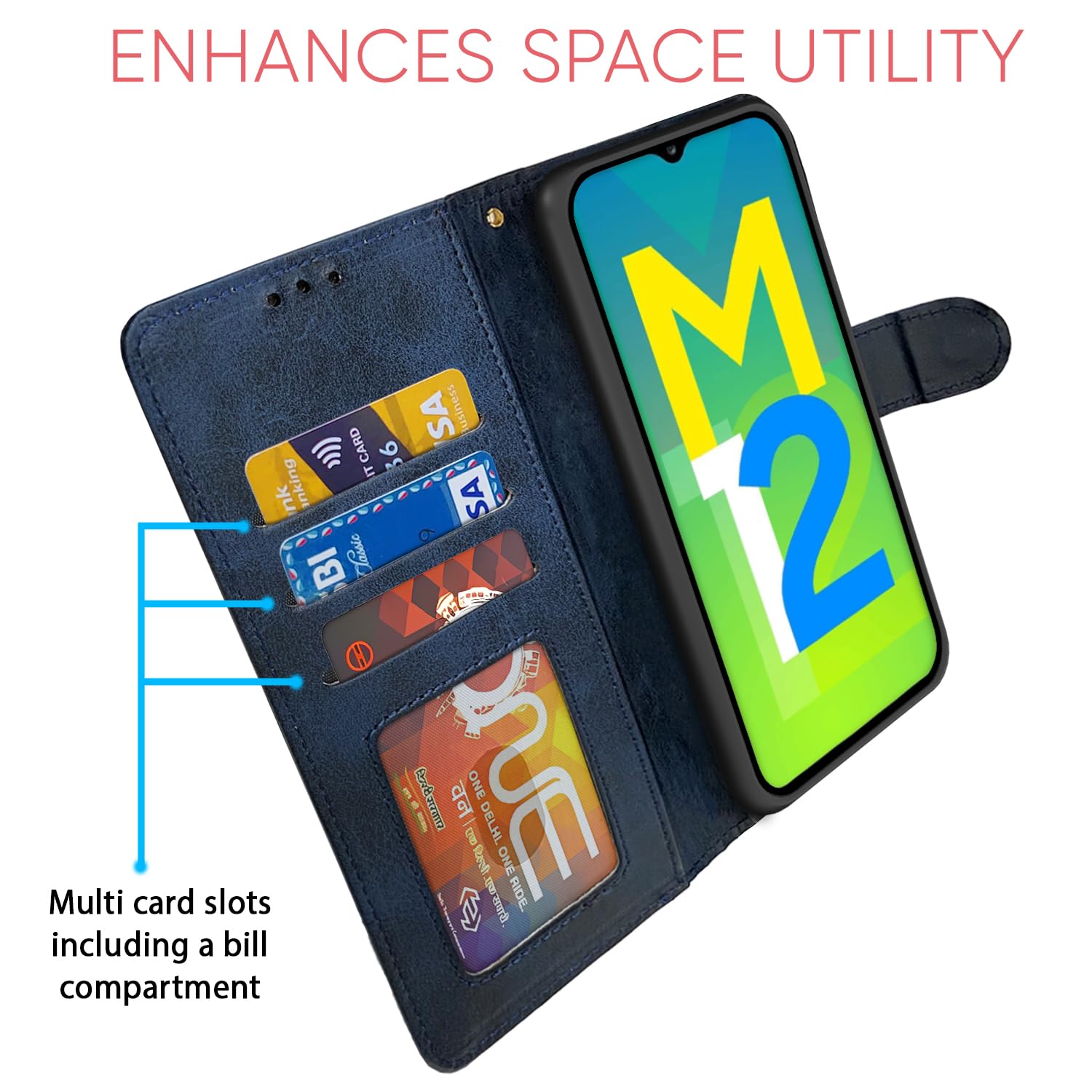 Samsung M12 wallet flip cover in blue by Pikkme – photo 4