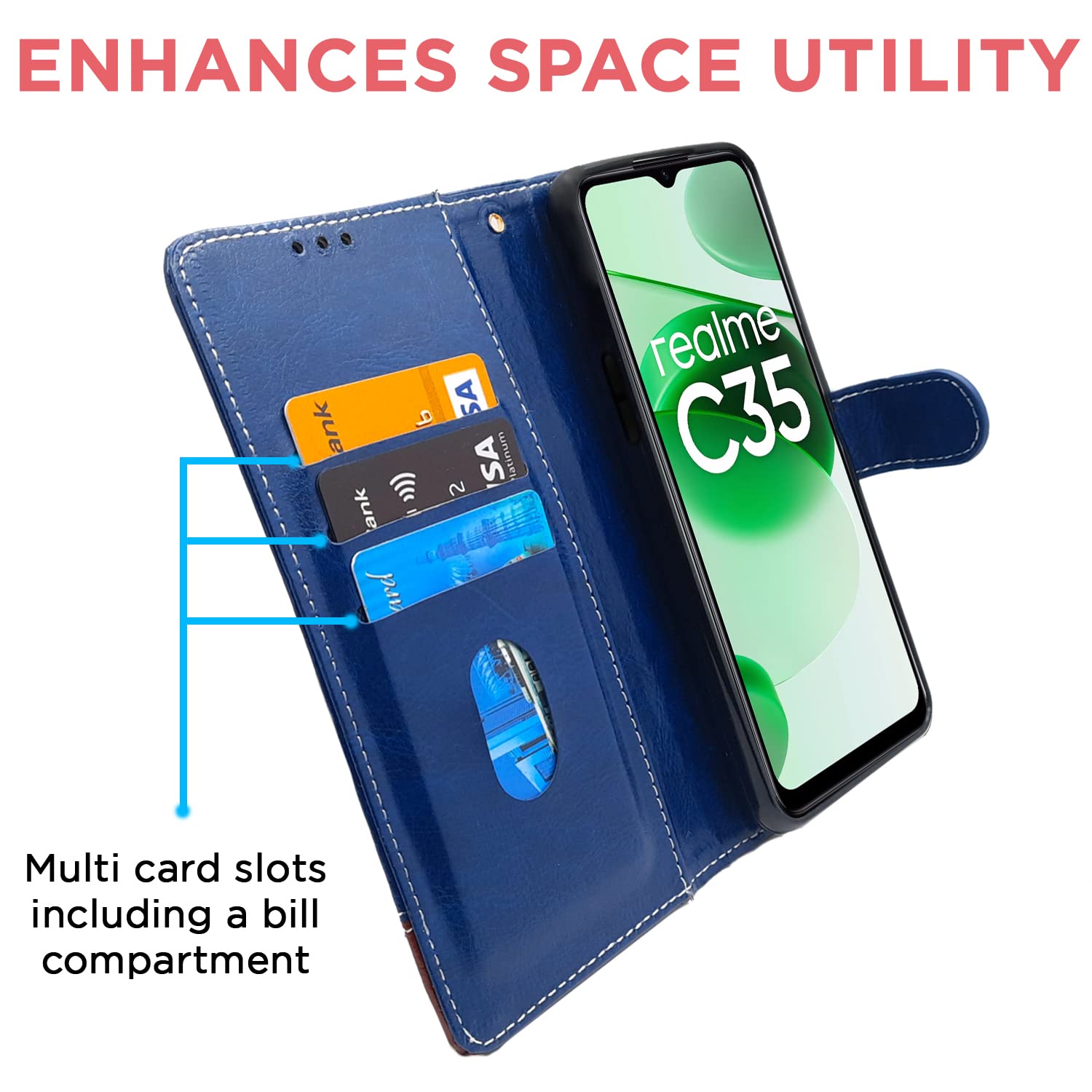 Pikkme Realme C35 Constrast Flip Cover | Blue & Brown