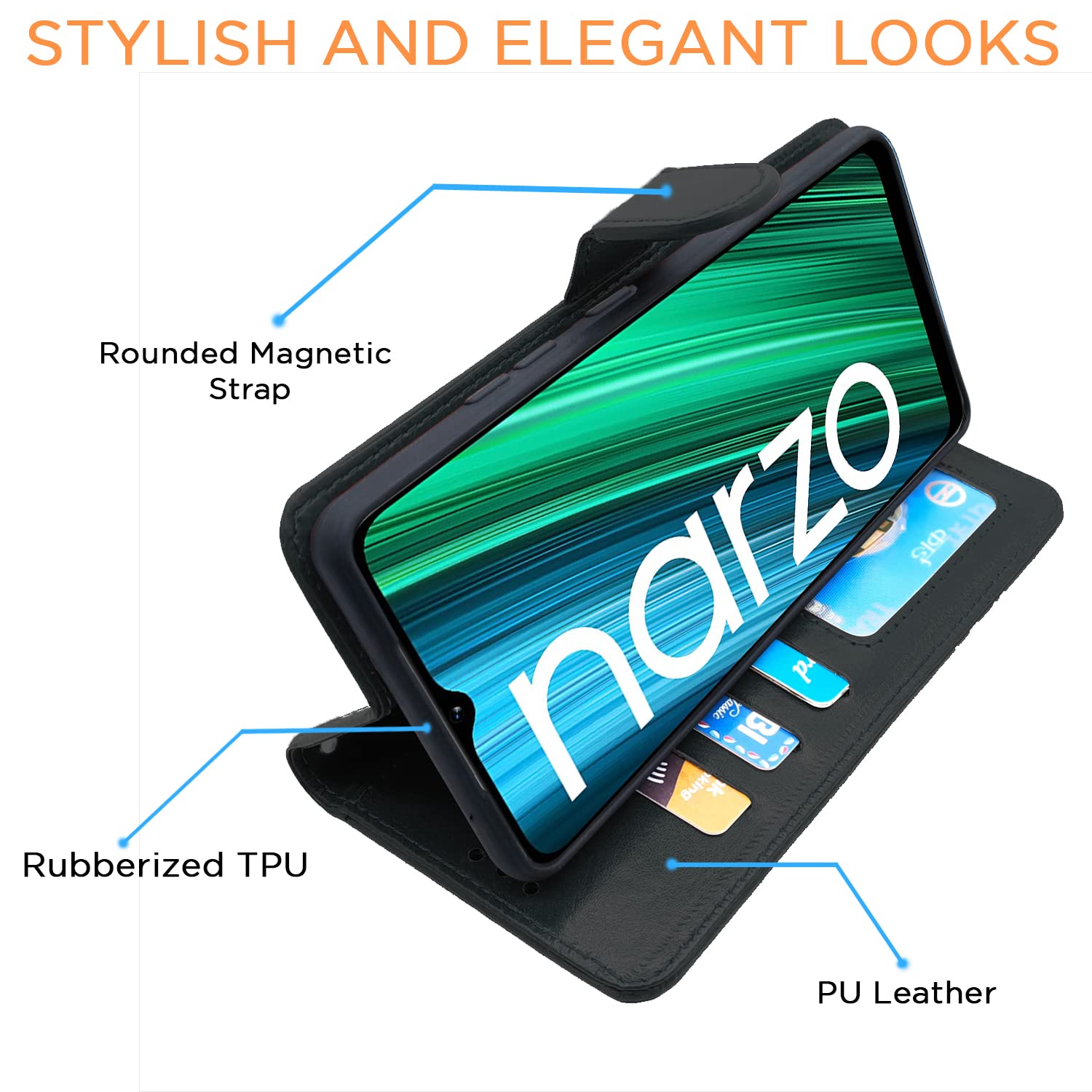 Pikkme Realme Narzo 50A Vintage Flip Cover | Black