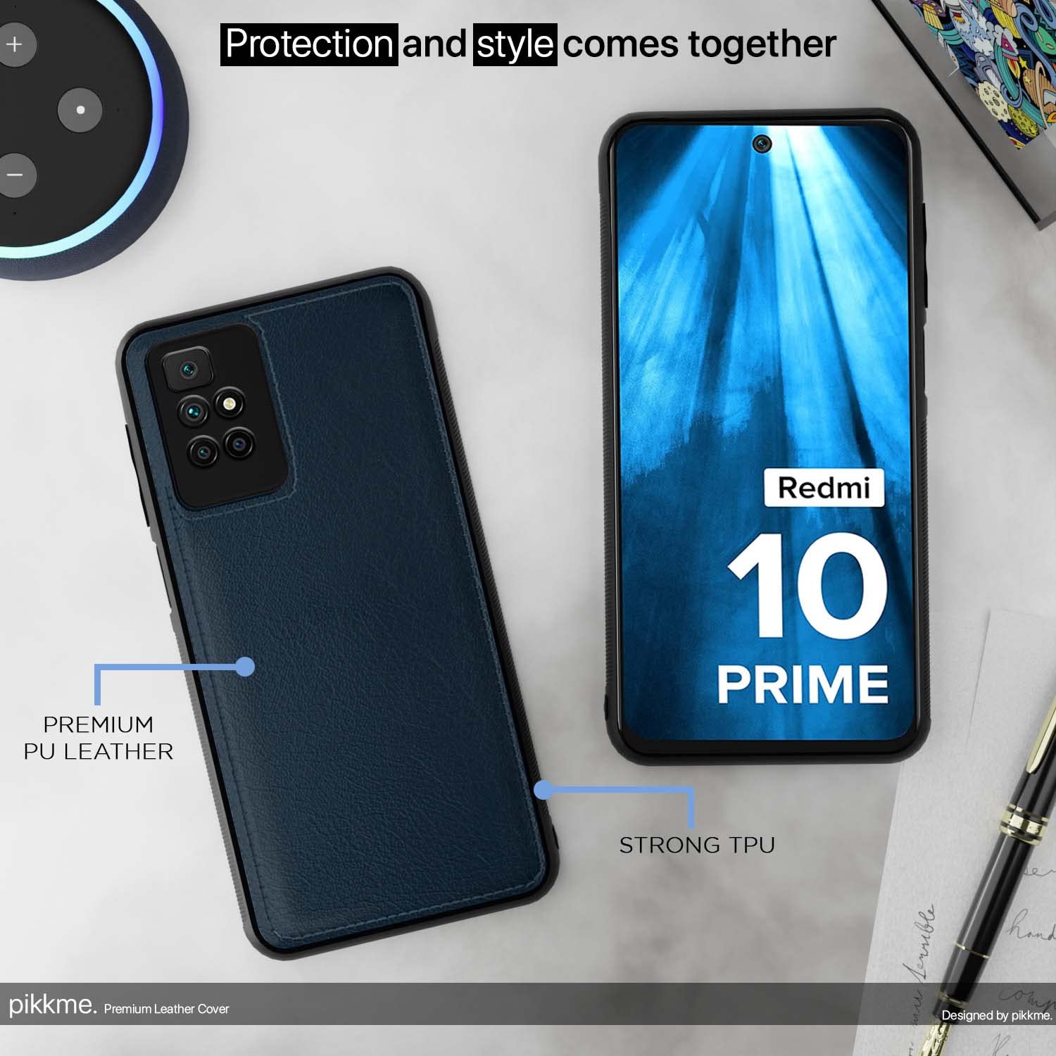 Pikkme Redmi 10 Prime Leather Back Cover | Blue