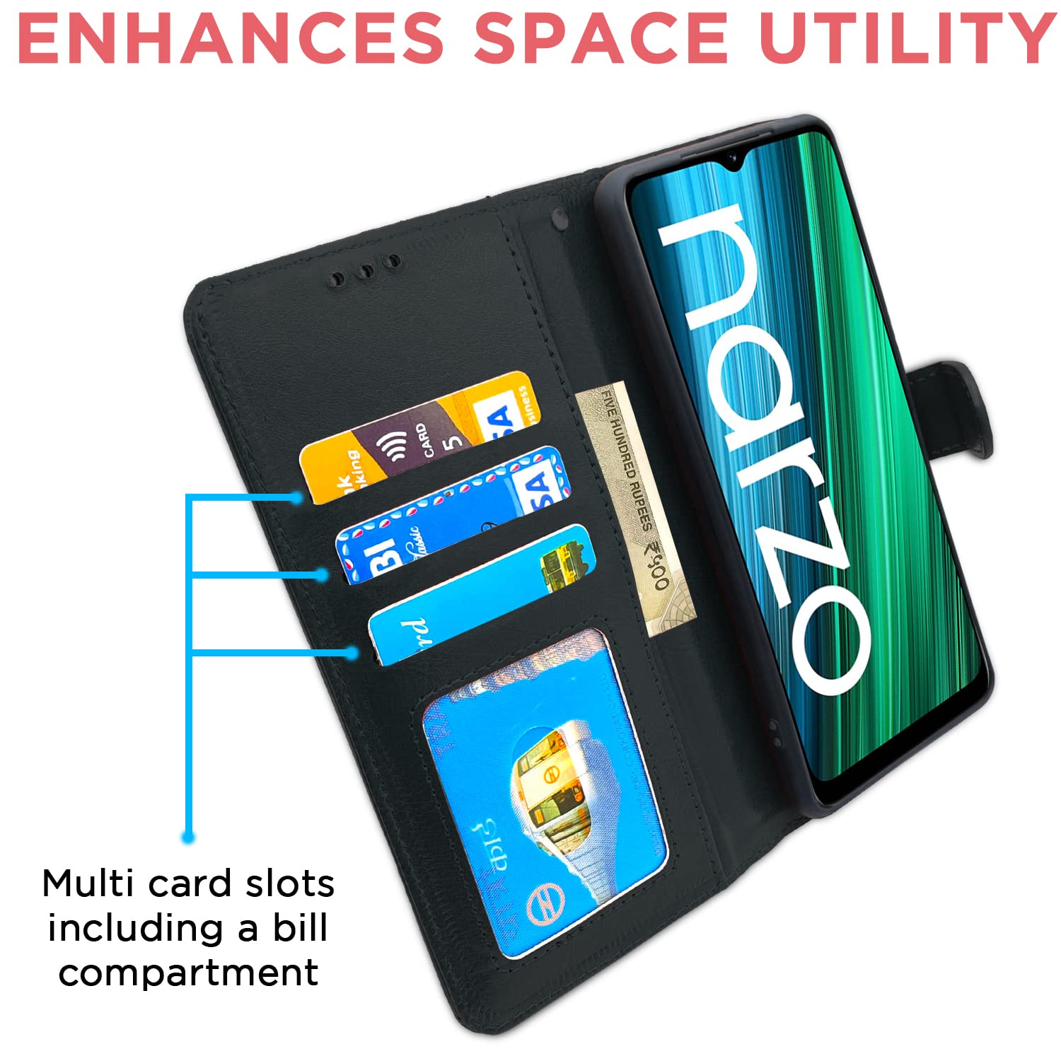 Pikkme Realme Narzo 50A Vintage Flip Cover | Black