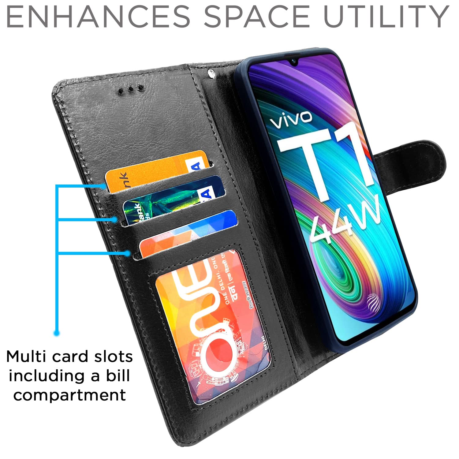 Pikkme iQOO Z6 44W / Vivo T1 44W Vintage Flip Cover | Black