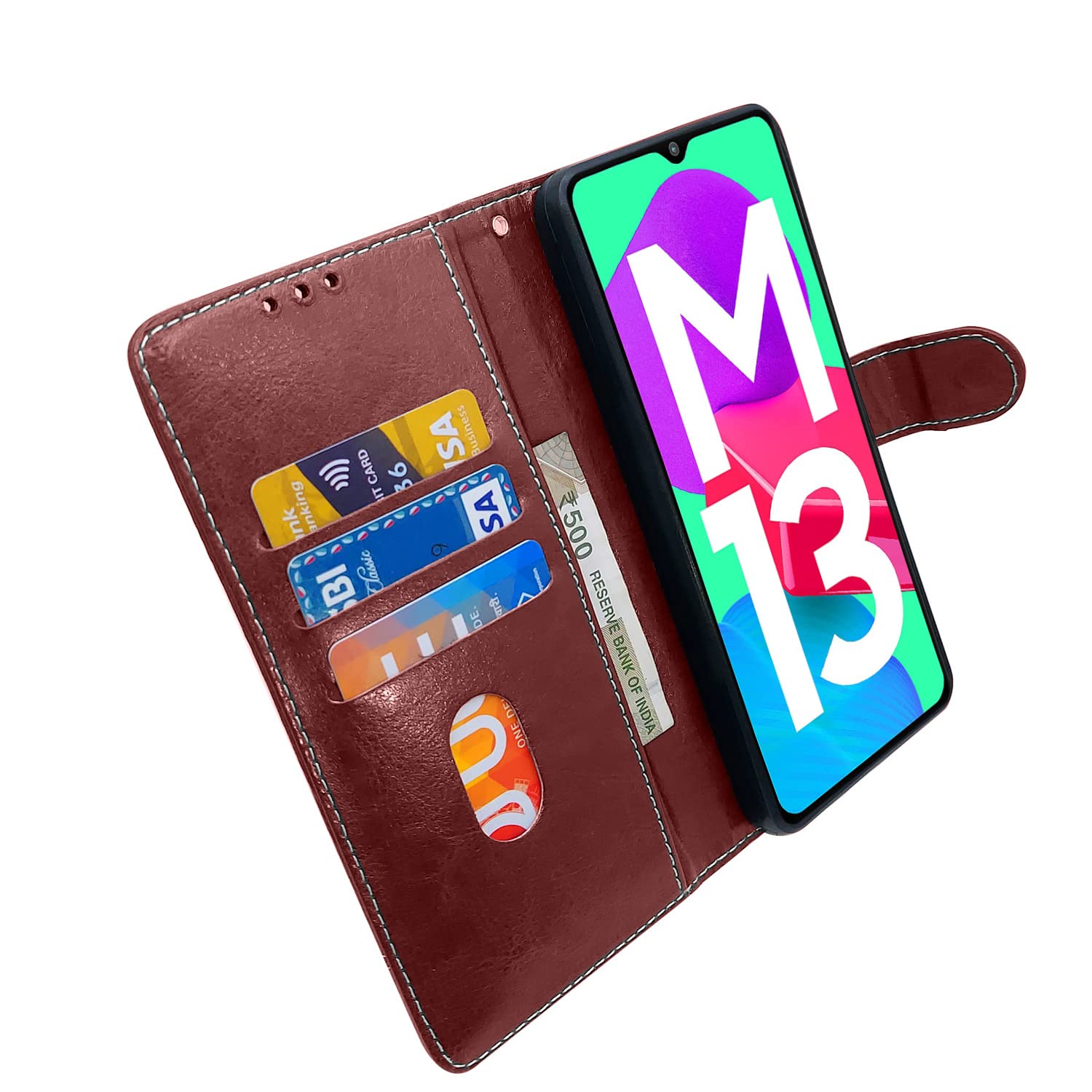 Pikkme Samsung Galaxy M13 4G Constrast Flip Cover | Coffee & Brown