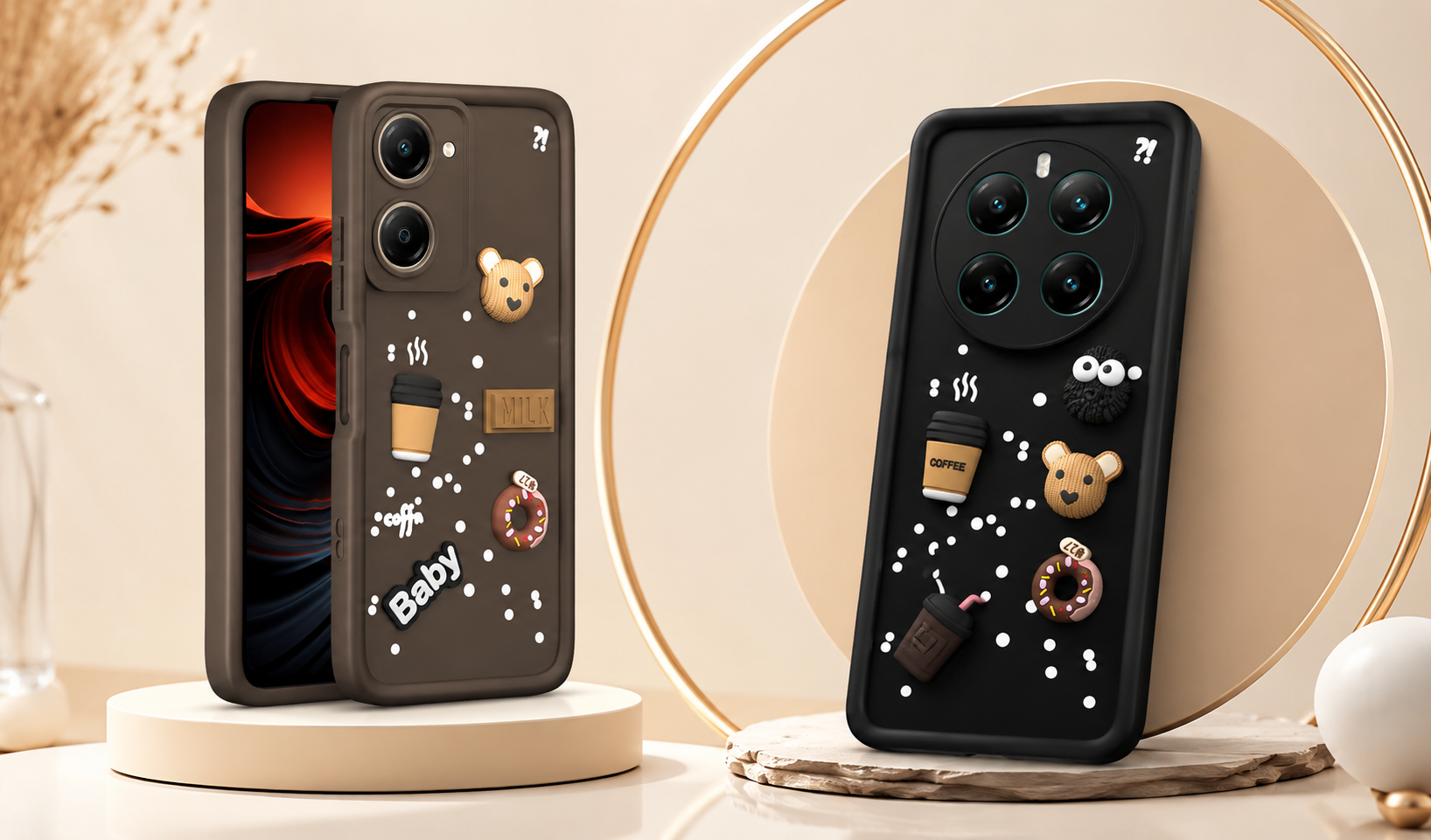 Pikkme Coffee Cover black Brown variant — 3D charm TPU phone case with coffee cup, teddy bear and donut charms