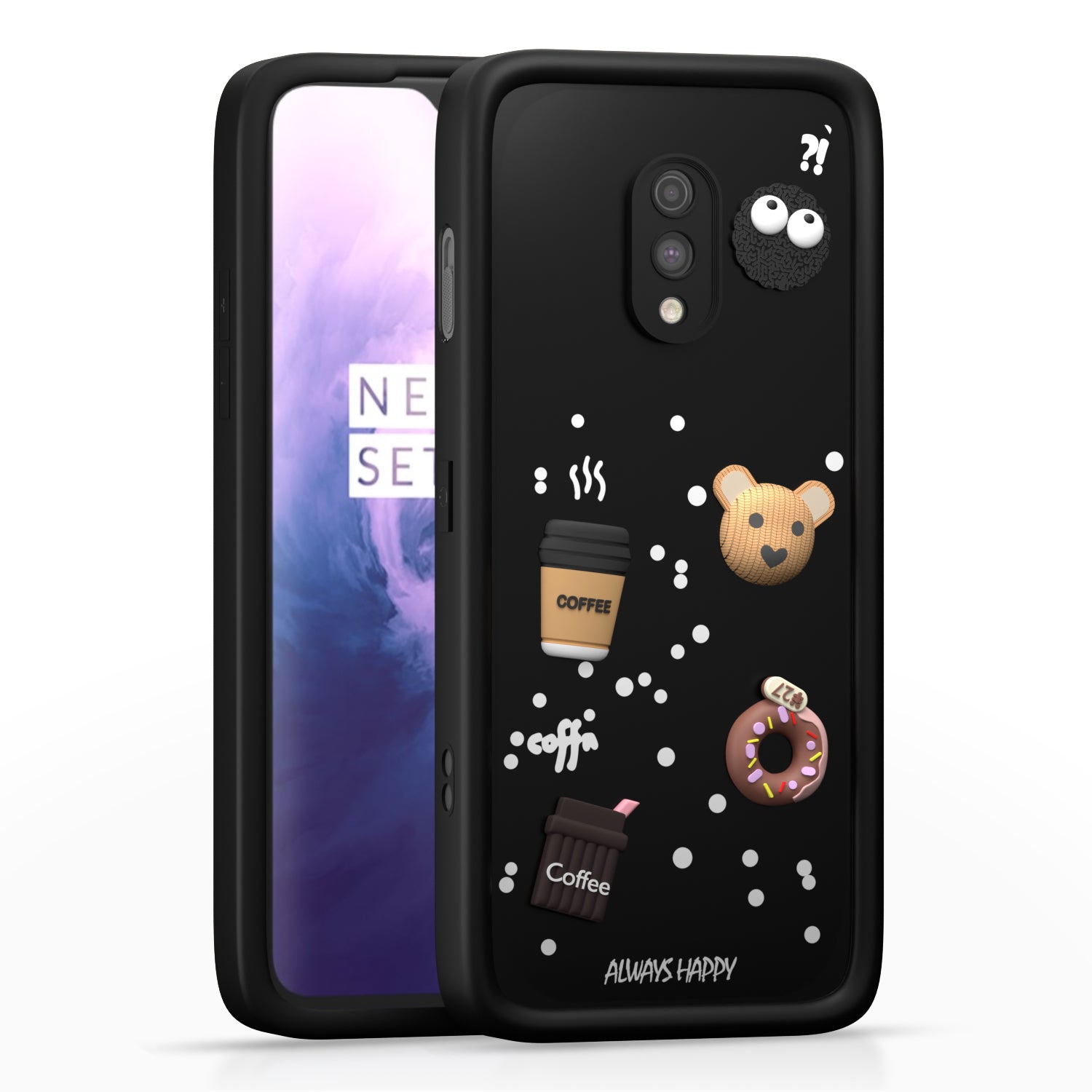 Pikkme One Plus 7 Cute Fun Cartoon 3D Bear Coffee Back Cover (Black)