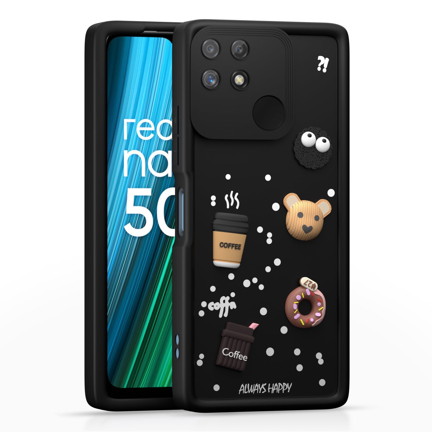 Pikkme Realme Narzo 50A Cute Fun Cartoon 3D Bear Coffee Back Cover (Black)