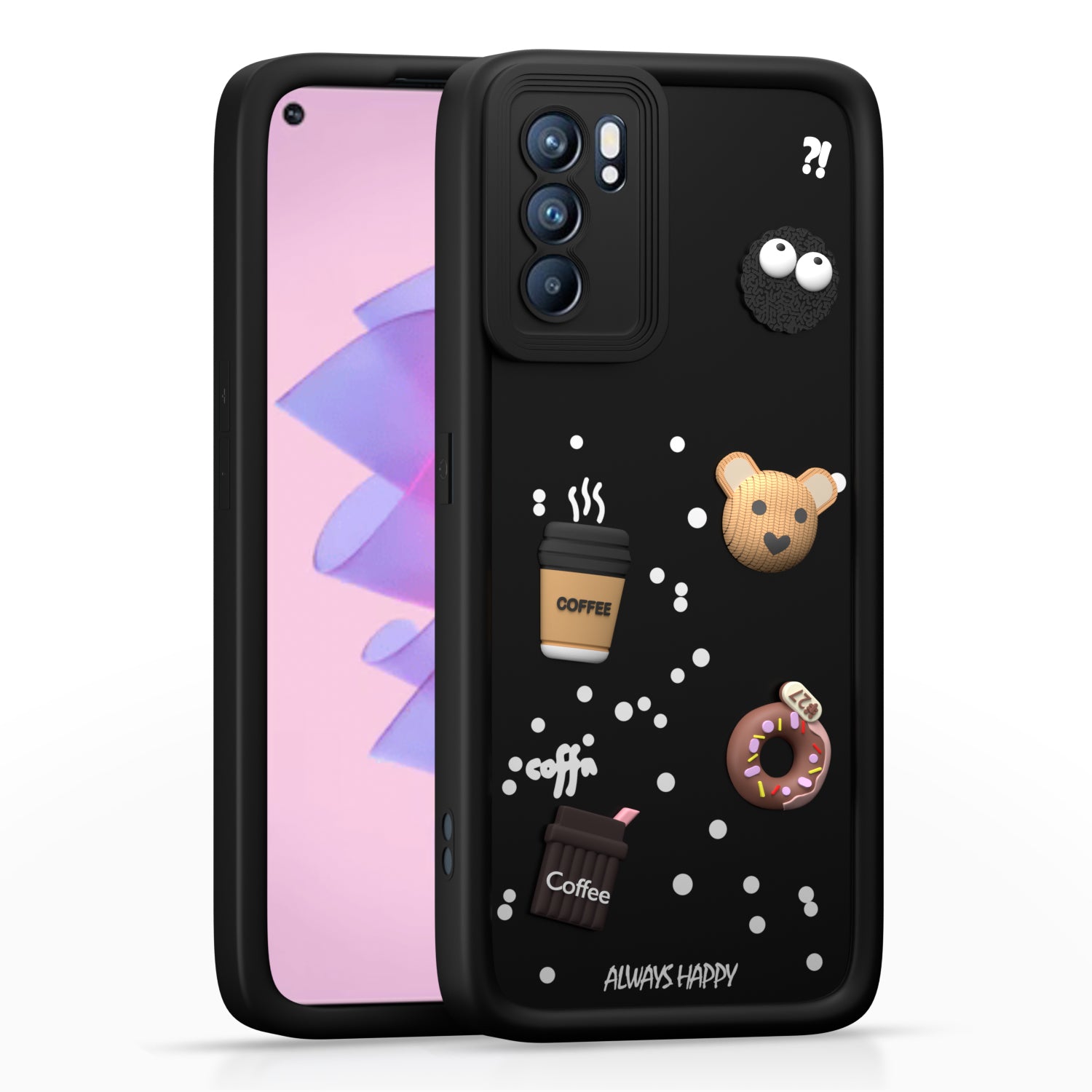 Pikkme Oppo Reno 6 Pro 5G Cute Fun Cartoon 3D Bear Coffee Back Cover (Black)