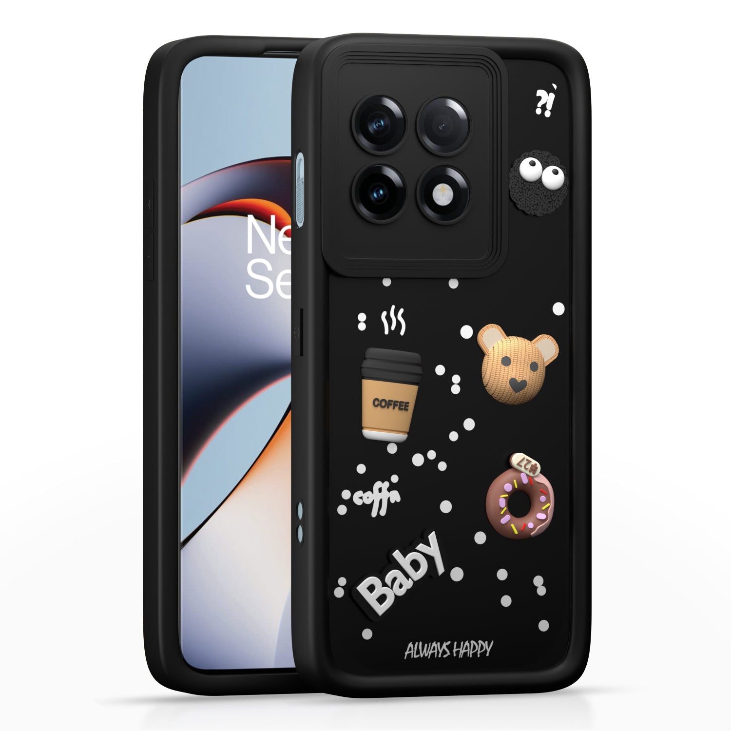Pikkme One PLus 11 R 5G Cute Fun Cartoon 3D Bear Coffee Back Cover (Black)