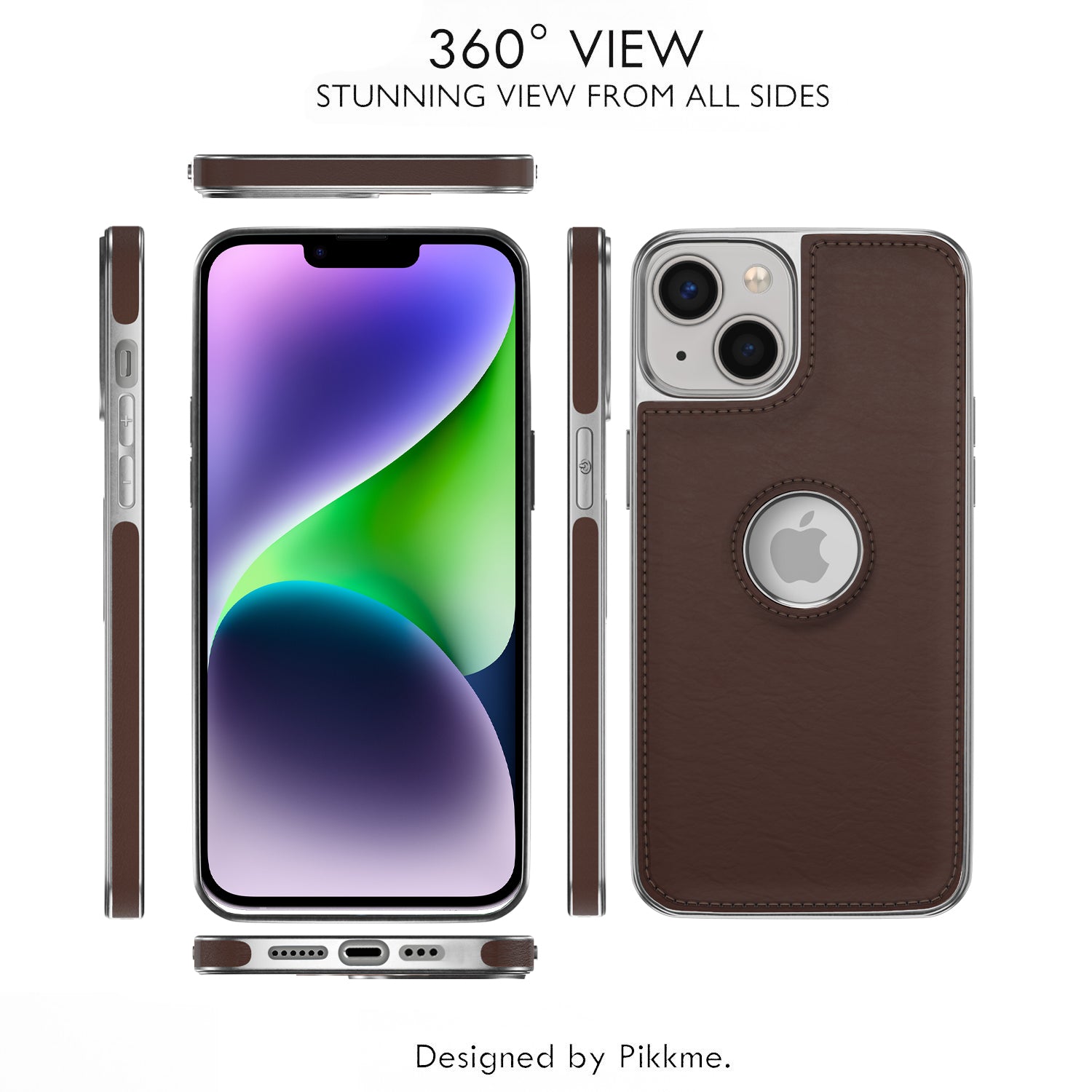 Pikkme iPhone 14 Plus Silver Electroplated Chrome Leather Back Cover (Coffee)