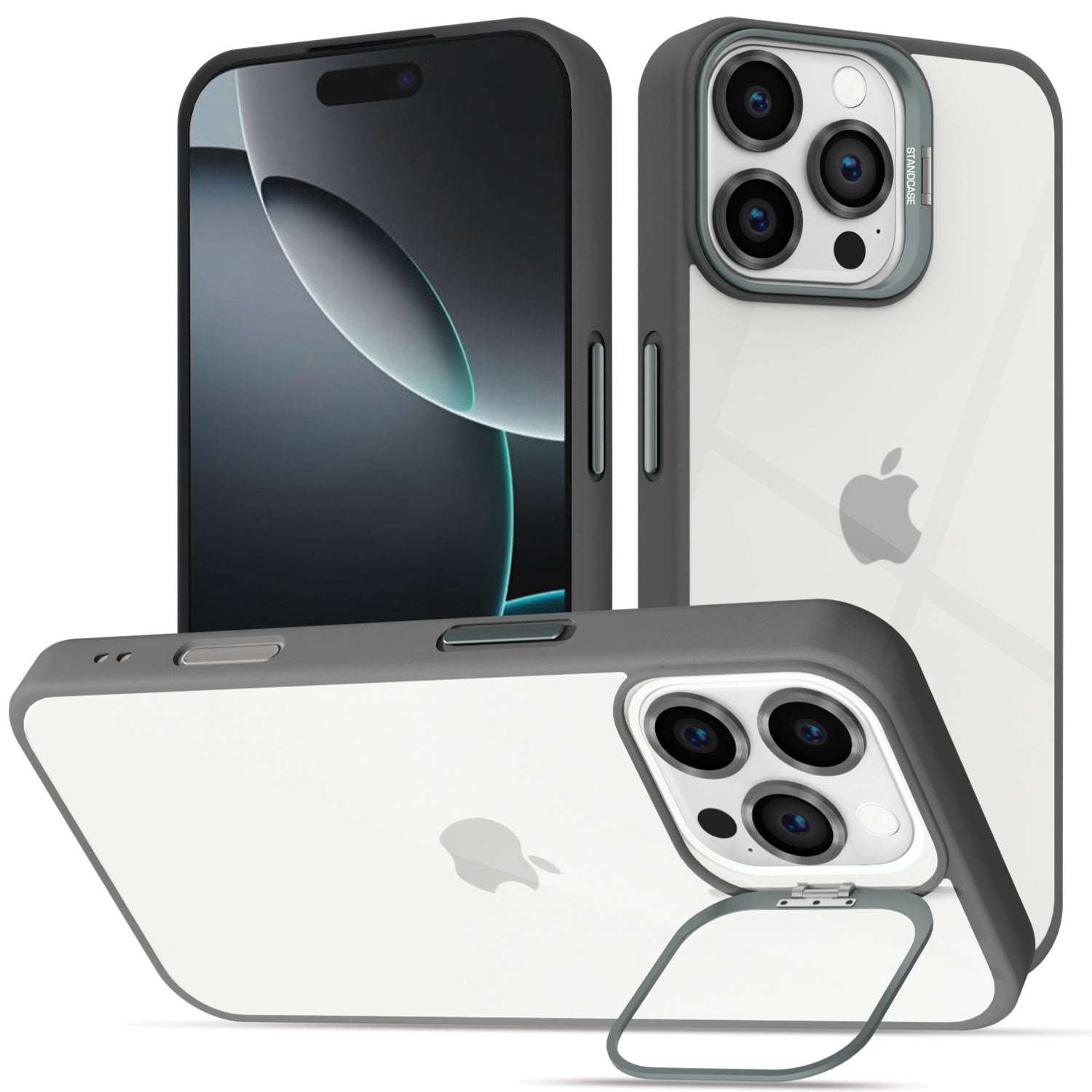 Pikkme iPhone 16 Pro Max Bracket Stand Case with Lens Camera Protection Rings Bumper case - Grey
