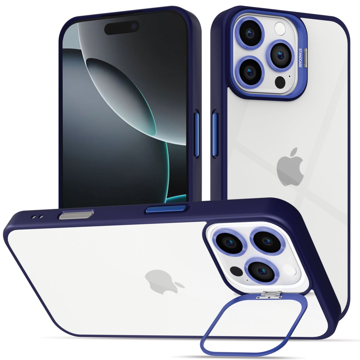 Pikkme iPhone 16 Pro Bracket Stand Case with Lens Camera Protection Rings Bumper case - Blue