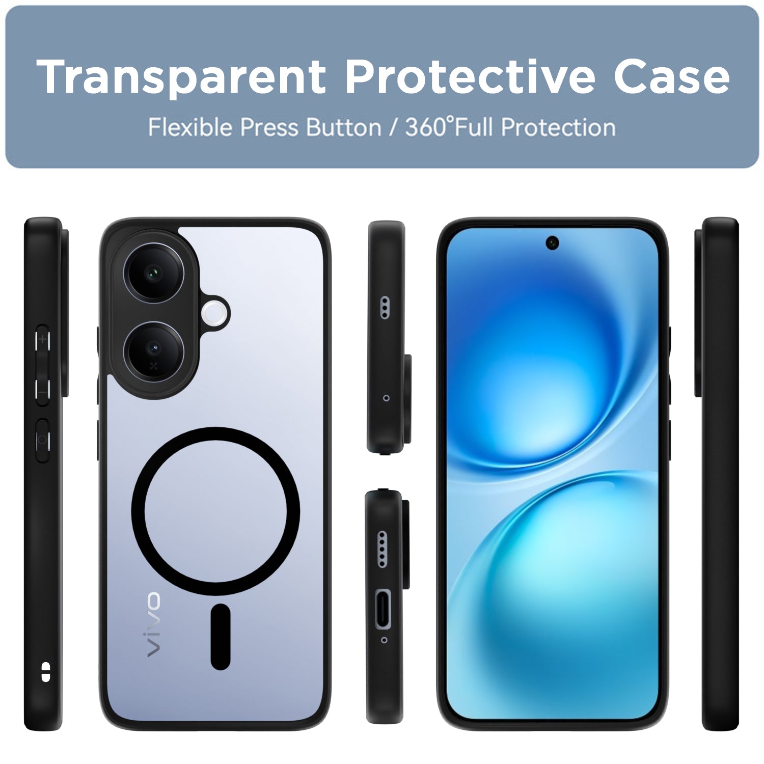 Pikkme Vivo V60 Lite 5G Eagle 2 Mag-Safe Shockproof Hard Transparent Back Cover (Black)