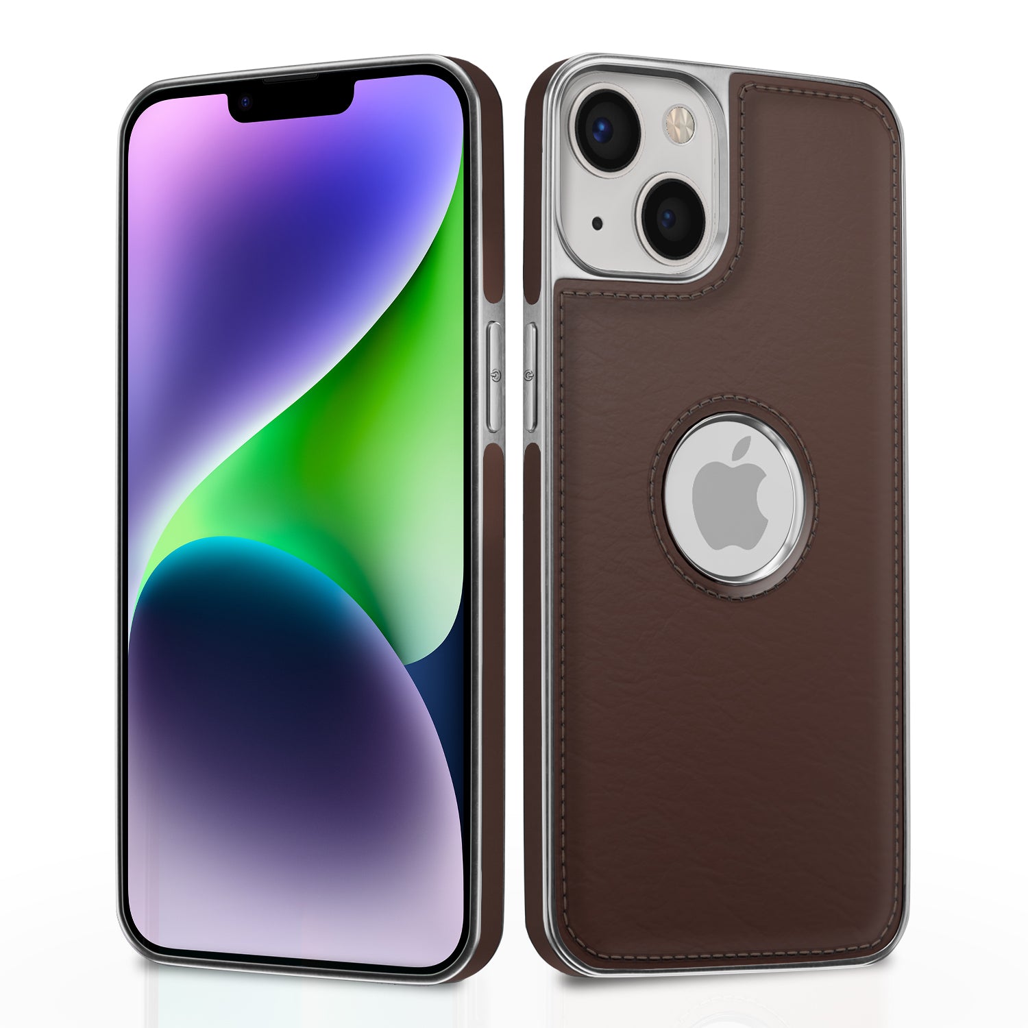  iPhone 14 Plus Chrome Leather Back Cover -Coffee