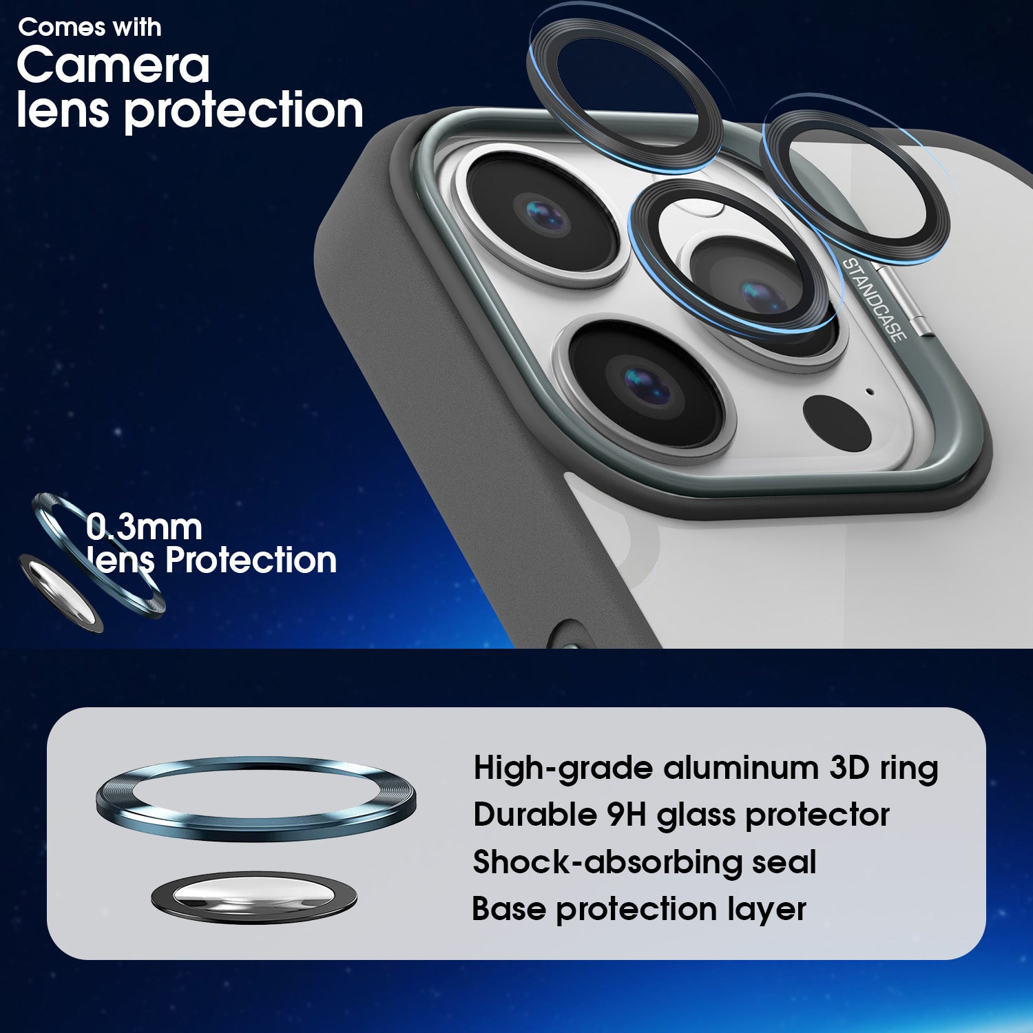 Pikkme iPhone 16 Pro Max Bracket Stand Case with Lens Camera Protection Rings Bumper case (Grey)