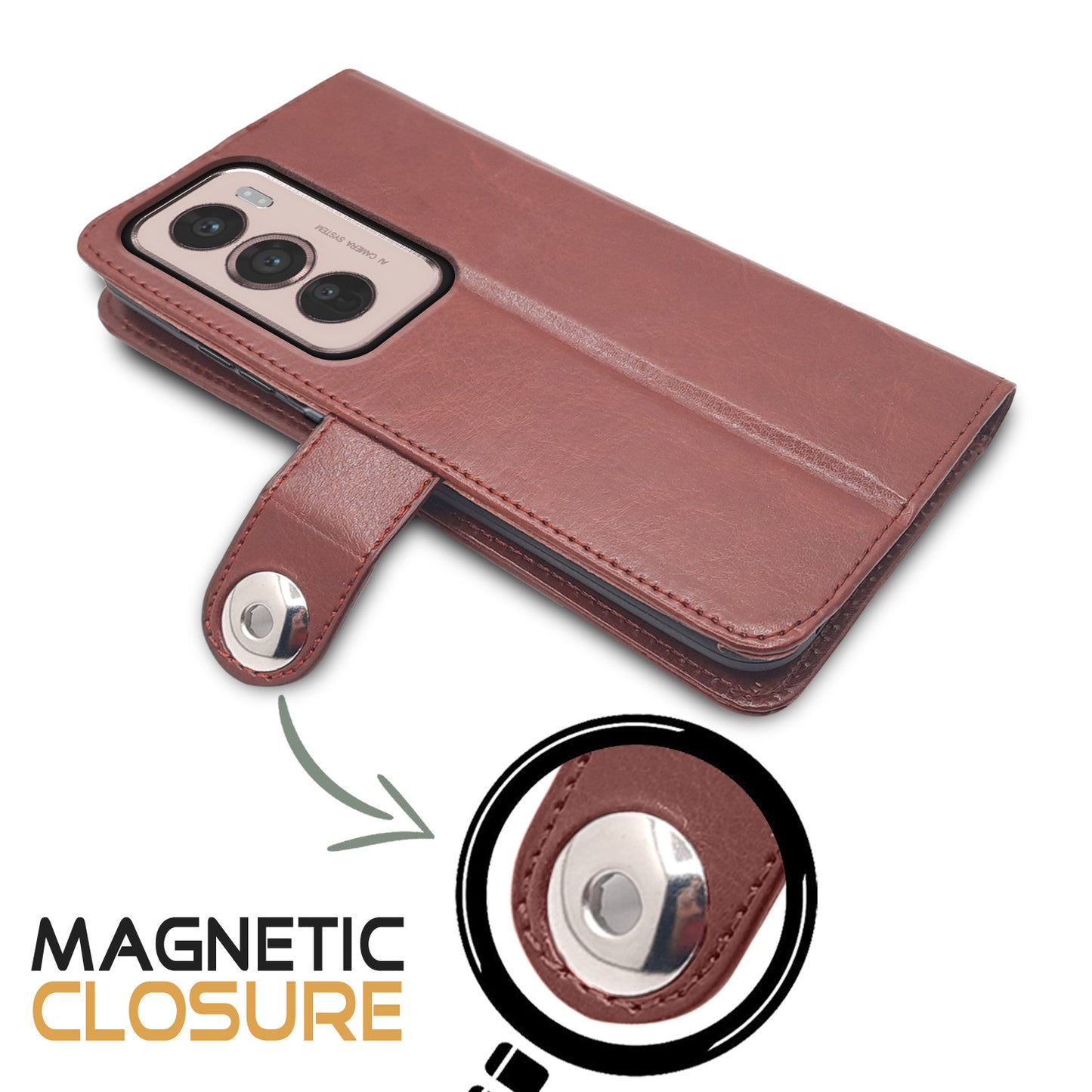 Pikkme Oppo Reno 12 5G Button Flip Cover (Brown)