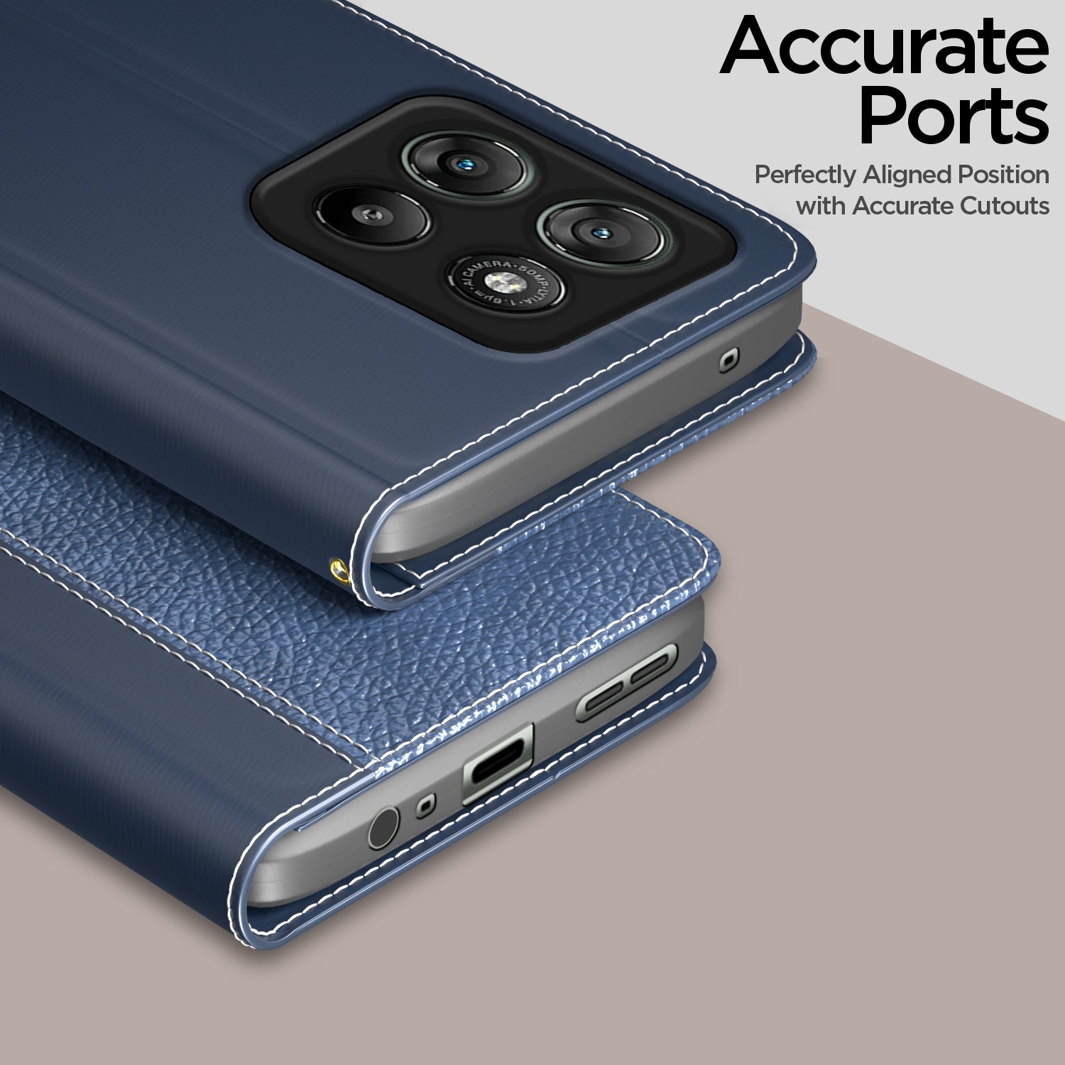 Pikkme Motorola Moto G67 Power 5G / G57 Power 5G Double Contrast Leather Finish Flip Cover (Blue)