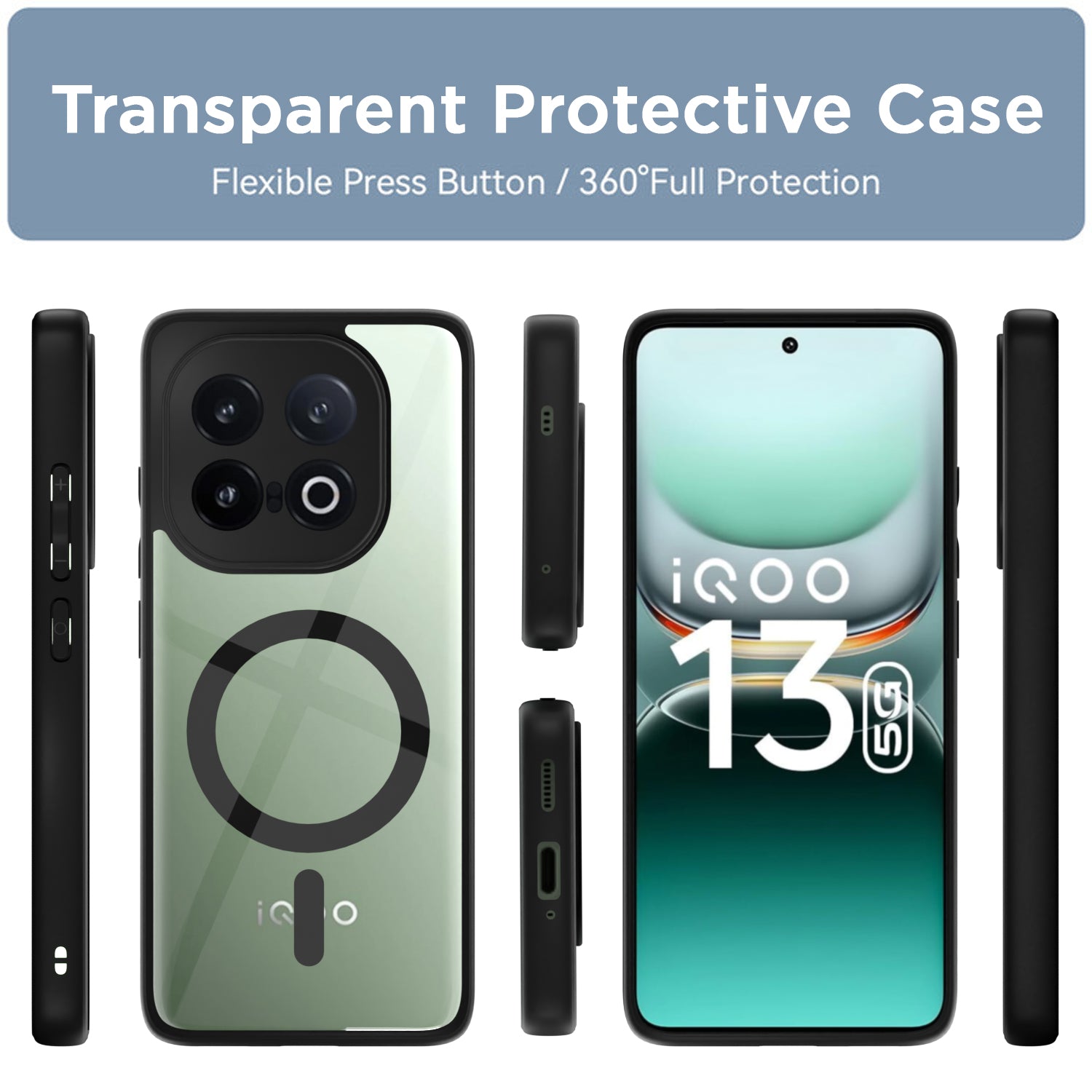 Pikkme iQOO 13 5G Eagle 2 Mag-Safe Shockproof Hard Transparent Back Cover (Black)