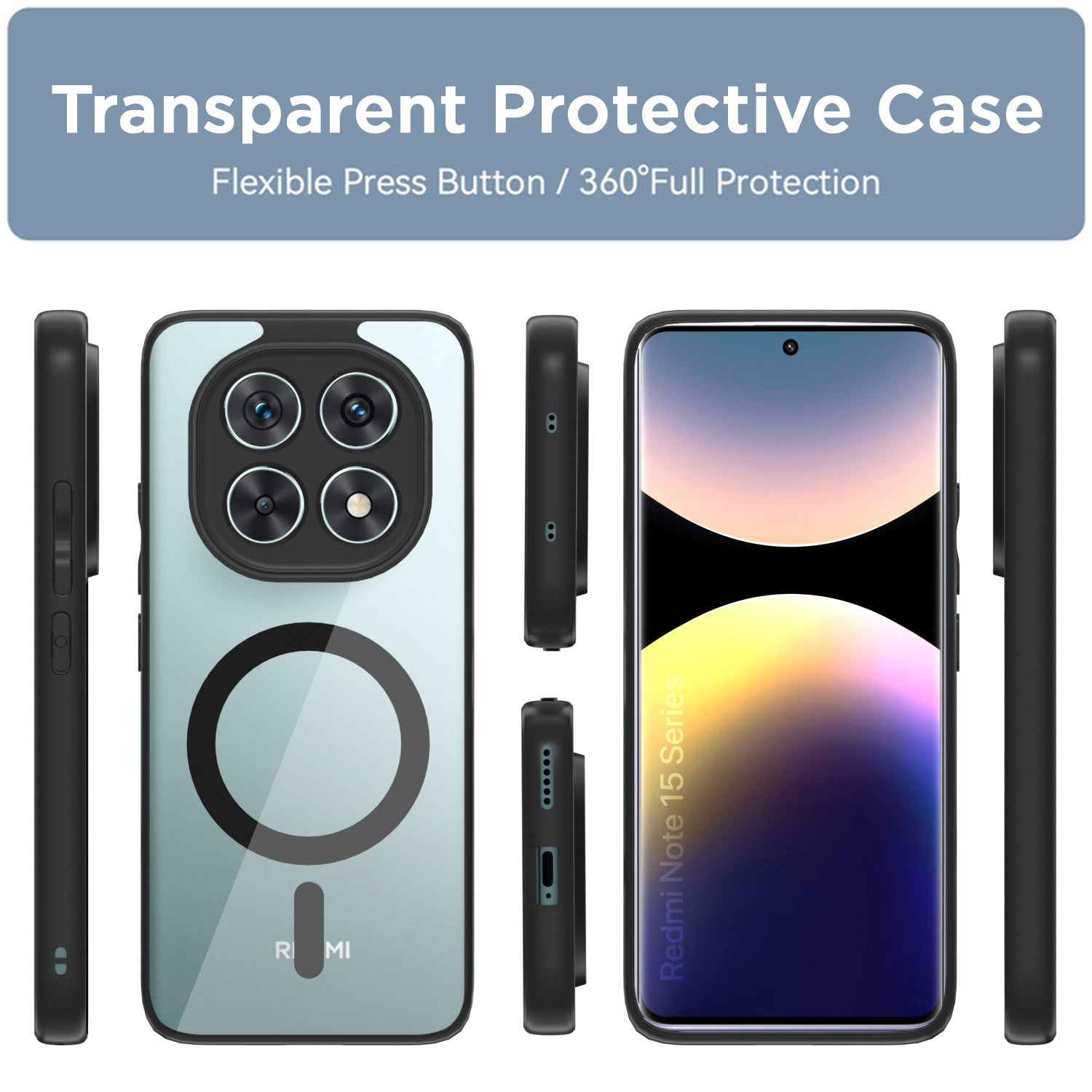 Pikkme Redmi Note 15 5G Eagle 2 Mag-Safe Shockproof Hard Transparent Back Cover (Black)