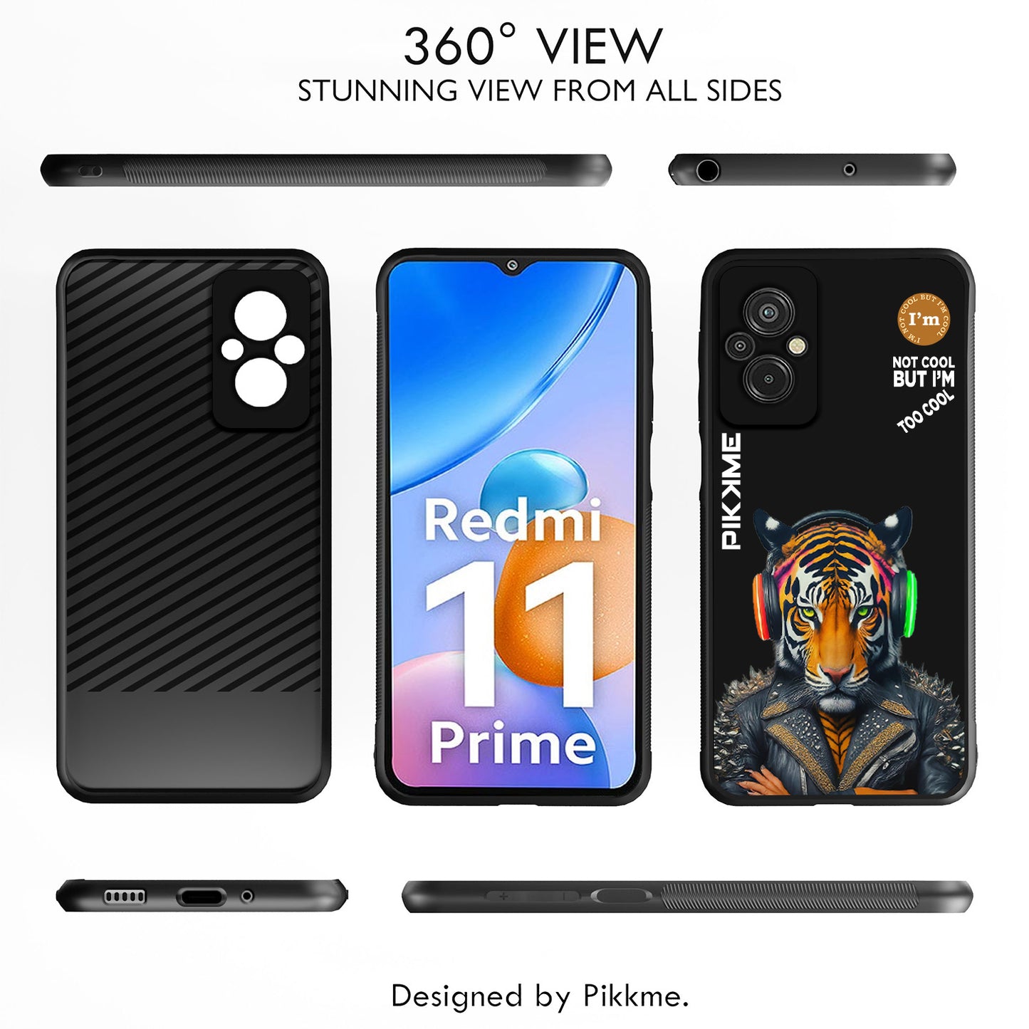 Pikkme Back Cover Pc Tpu + Printed Cool Funky Stylish Black Tiger Swag Raised Edges Camera Protection |Bumper Case For Redmi 11 Prime (Design 06)