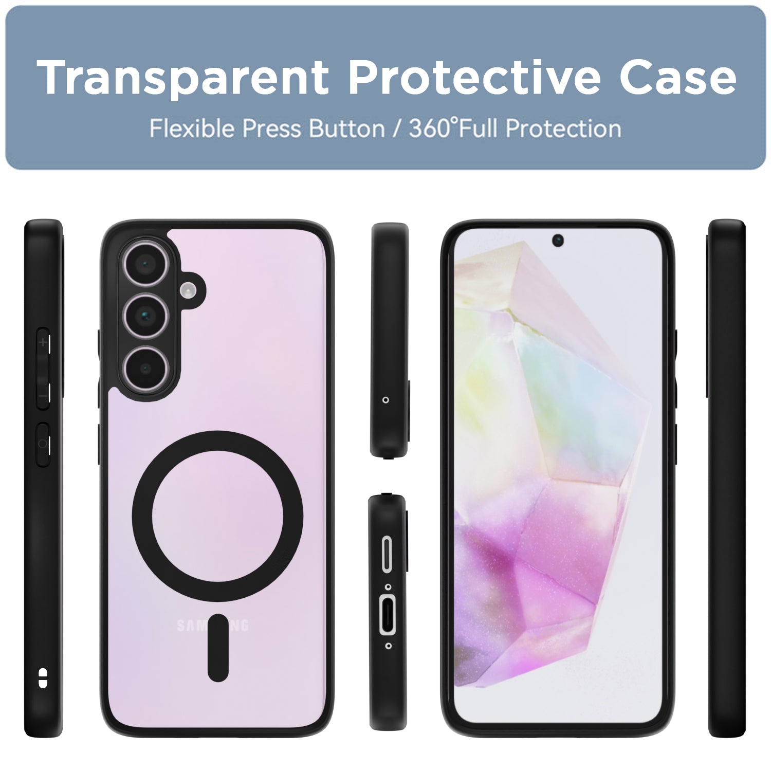 Pikkme Samsung Galaxy M35 5G Eagle 2 Mag-Safe Shockproof Hard Transparent Back Cover (Black)