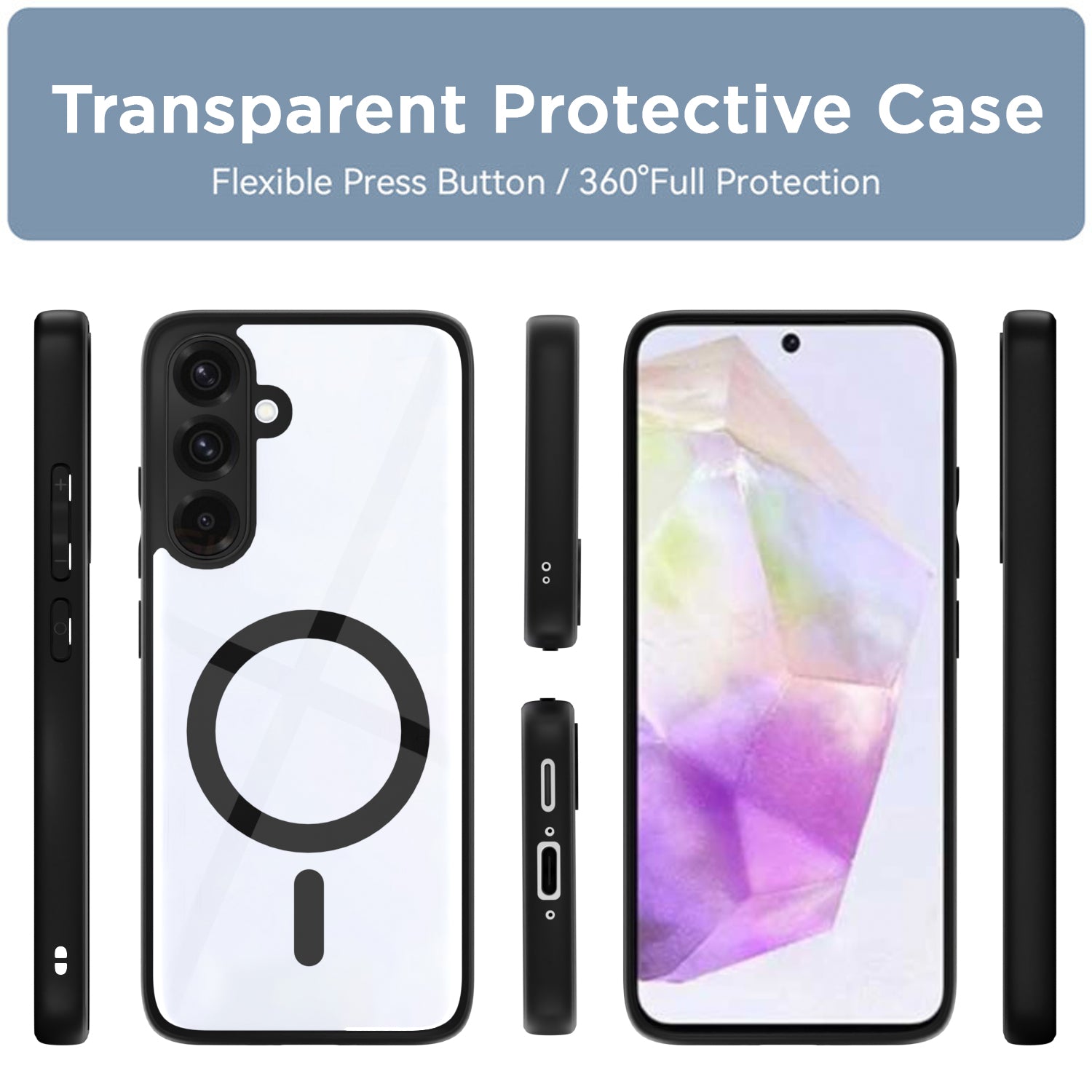 Pikkme Samsung Galaxy A36 5G Eagle 2 Mag-Safe Shockproof Hard Transparent Back Cover (Black)