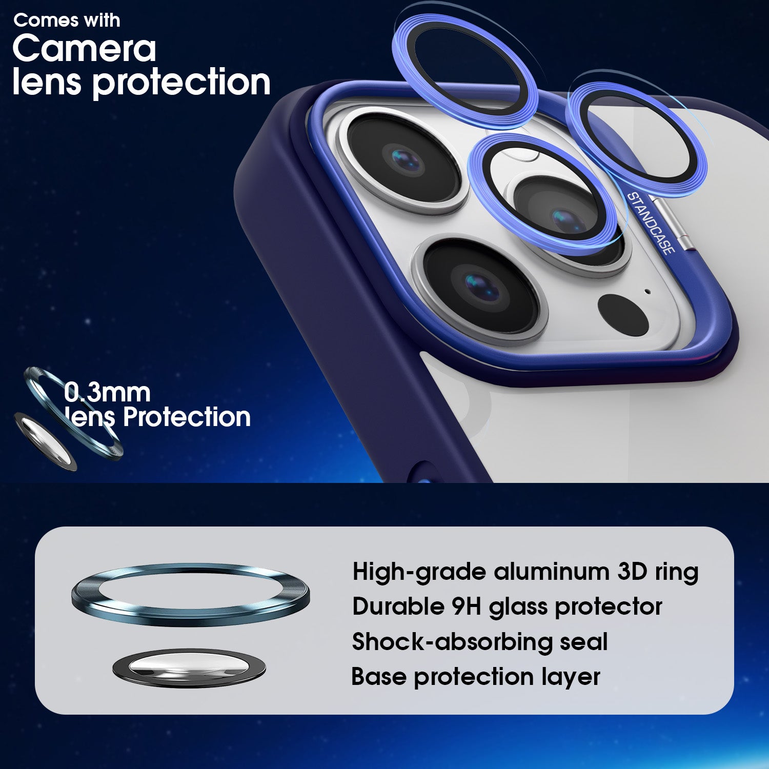Pikkme iPhone 16 Pro Max Bracket Stand Case with Lens Camera Protection Rings Bumper case (Blue)
