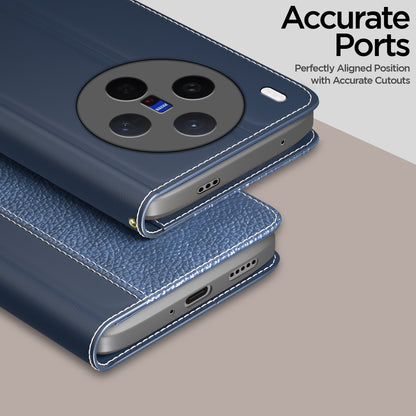 Pikkme Vivo X300 5G Double Contrast Leather Finish Flip Cover (Blue)