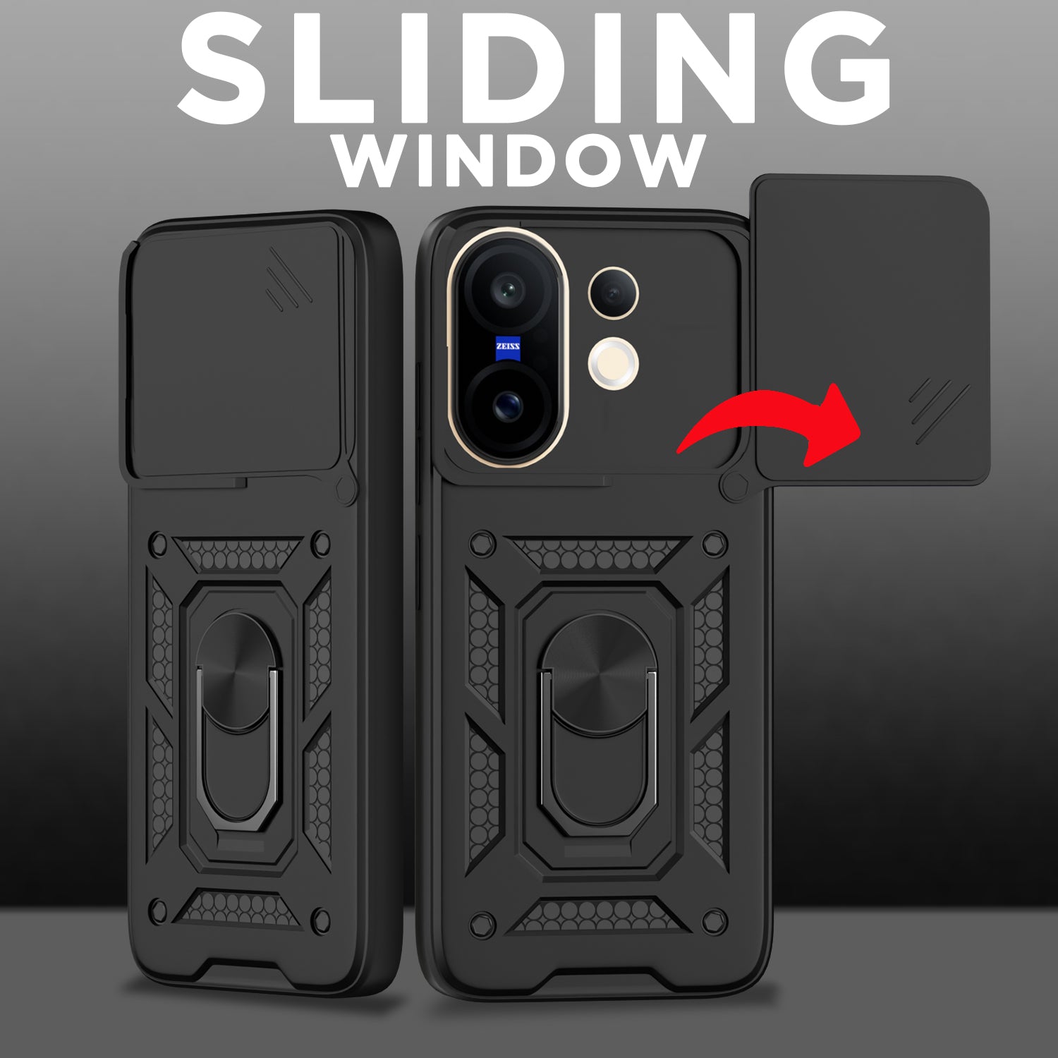 Pikkme Vivo X200 Fe 5G Sliding Camera Shield & Stand D10 Tough Armor Back Cover (Black)