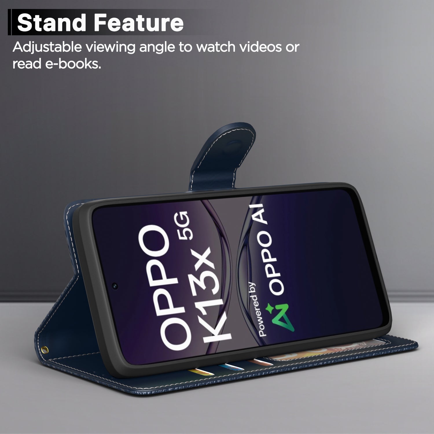 Pikkme Oppo K13x 5G Double Contrast Leather Finish Flip Cover (Blue)