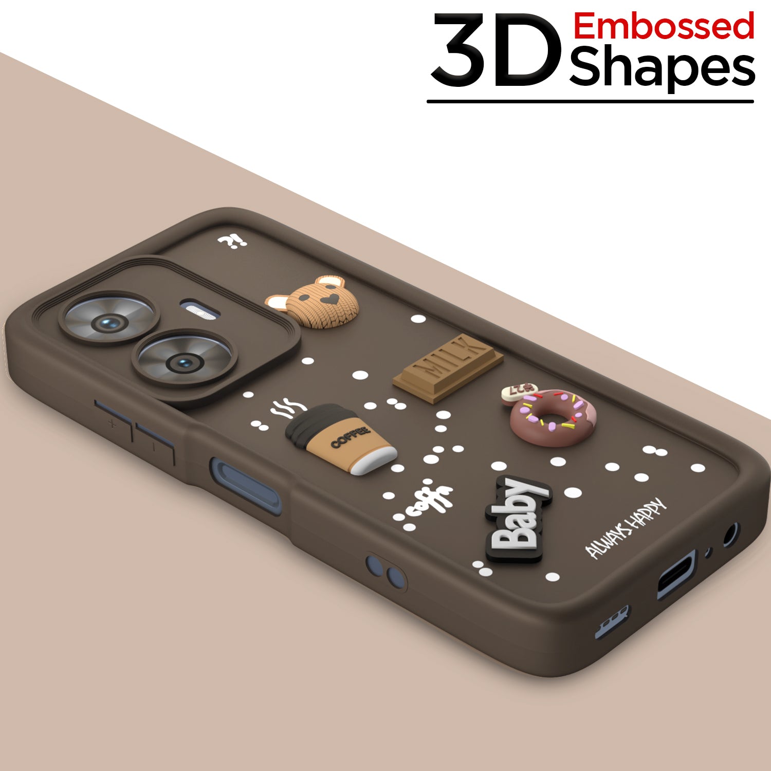 Pikkme Realme Narzo N55 / Realme C55 Cute Fun Cartoon 3D Bear Coffee Back Cover (Brown)