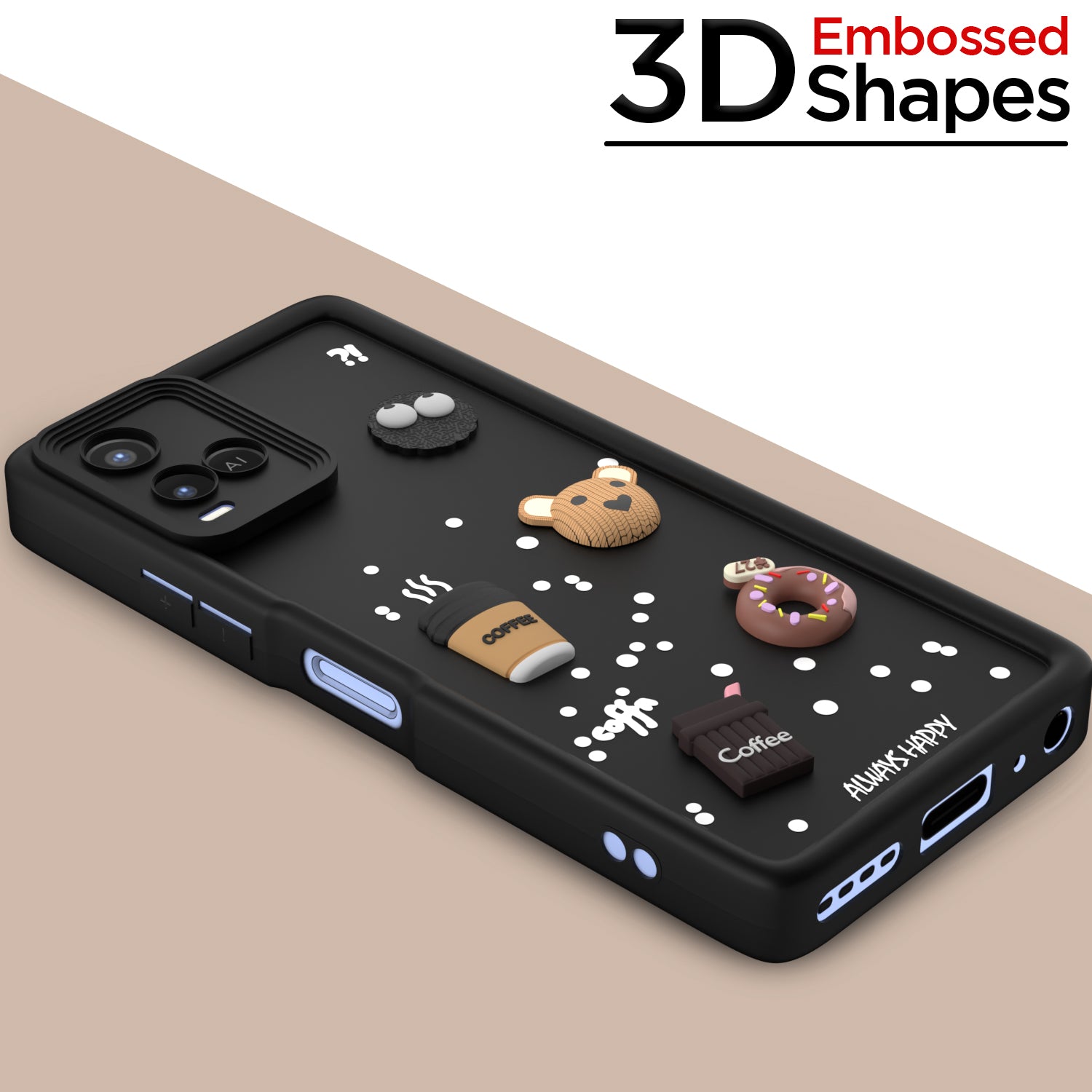 Pikkme Vivo Y21 2021 / Y33s Cute Fun Cartoon 3D Bear Coffee Back Cover (Black)