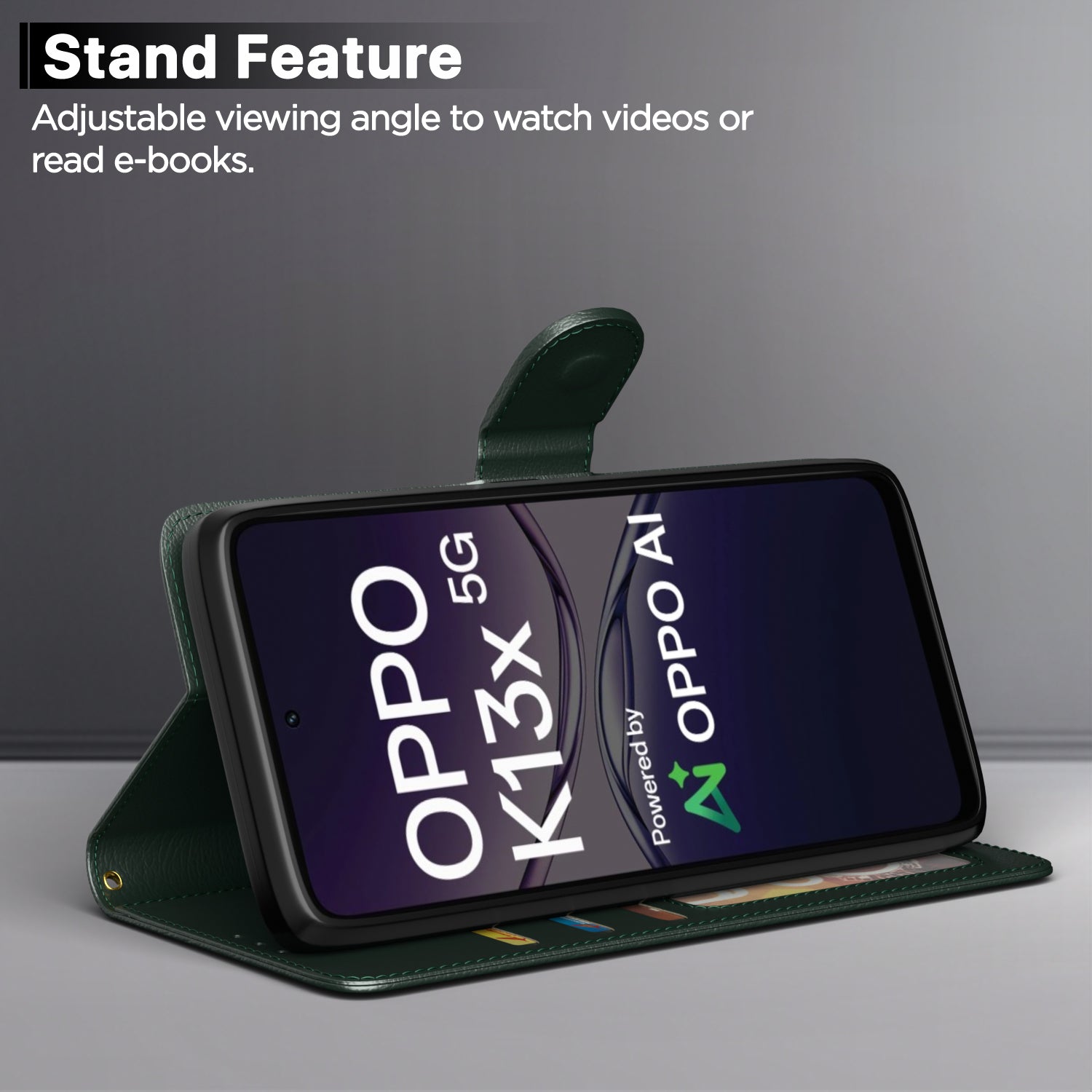 Pikkme Oppo K13x 5G Premium Leather Finish Vintage Flip Cover (Green)