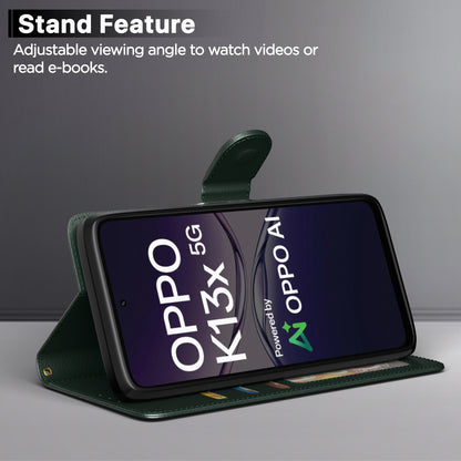 Pikkme Oppo K13x 5G Premium Leather Finish Vintage Flip Cover (Green)