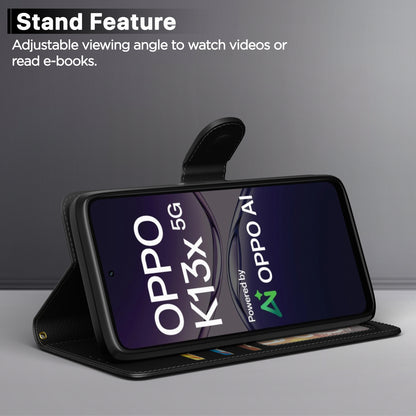 Pikkme Oppo K13x 5G  Premium Leather Finish Vintage Flip Cover (Black)