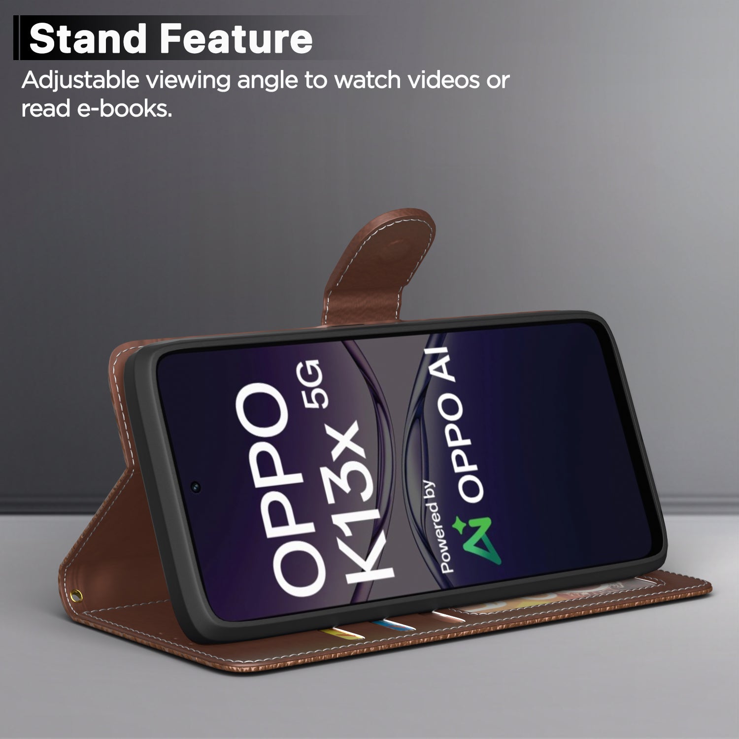 Pikkme Oppo K13x 5G Double Contrast Leather Finish Flip Cover (Brown)