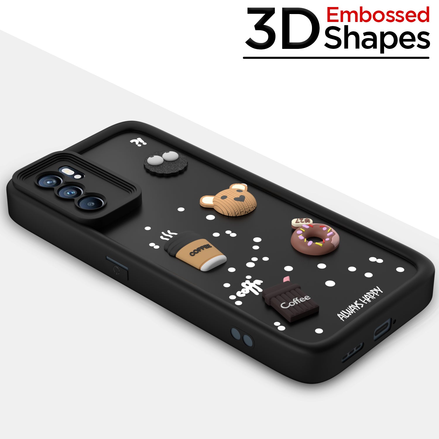 Pikkme Oppo Reno 6 Pro 5G Cute Fun Cartoon 3D Bear Coffee Back Cover (Black)