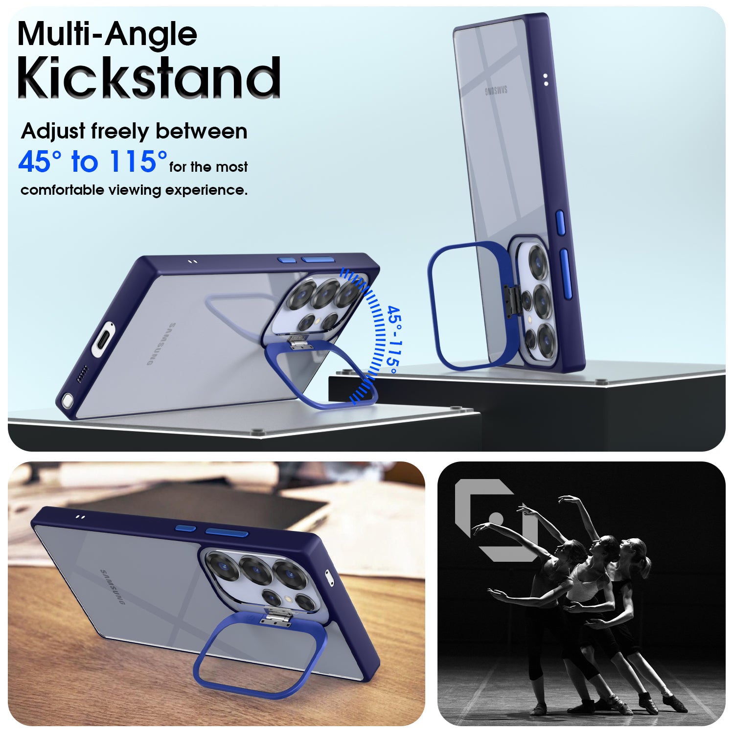 Pikkme Samsung Galaxy S25 Ultra 5G Bracket Stand Case with Camera Protection Rings Bumper case (Blue)