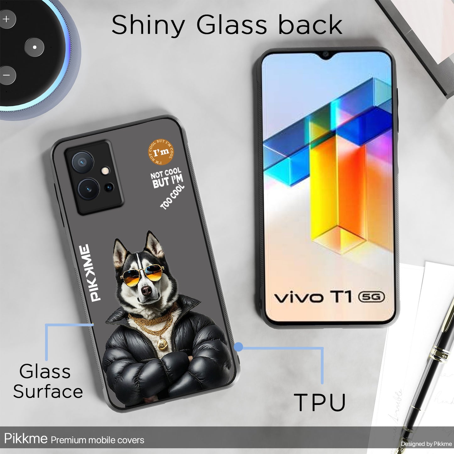 Pikkme Back Cover Pc Tpu + Printed Cool Funky Stylish Grey Dog Swag Raised Edges Camera Protection |Bumper Case For Vivo T1 5G (Design 02)