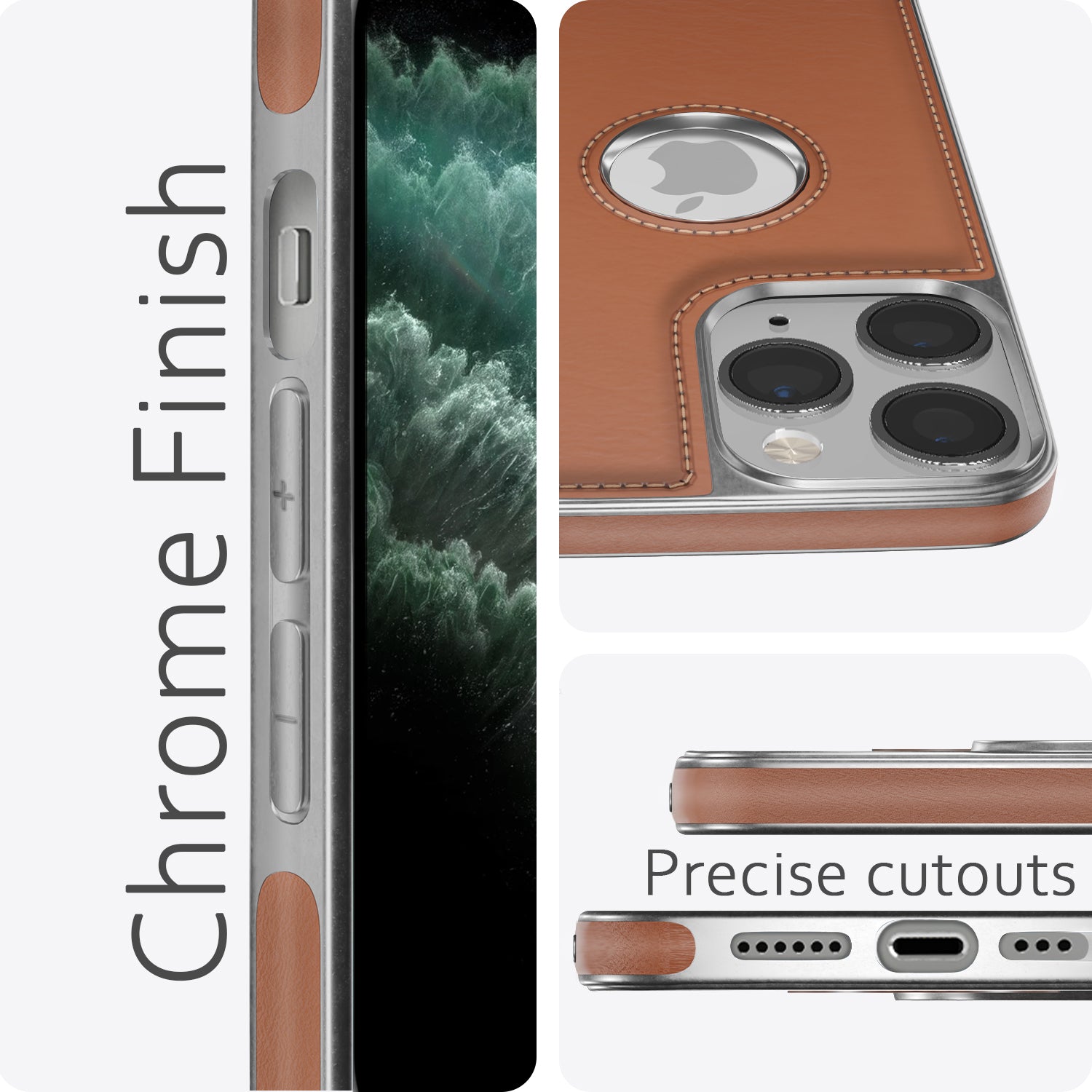 Pikkme iPhone 11 Pro Max Silver Electroplated Chrome Leather Back Cover (Tan)