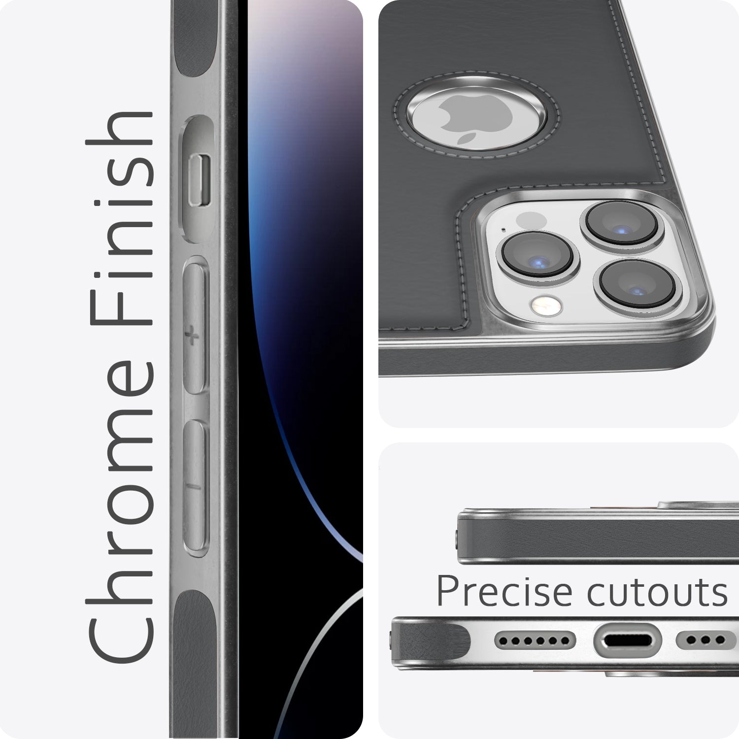 Pikkme iPhone 14 Pro Silver Electroplated Chrome Leather Back Cover (Gray)