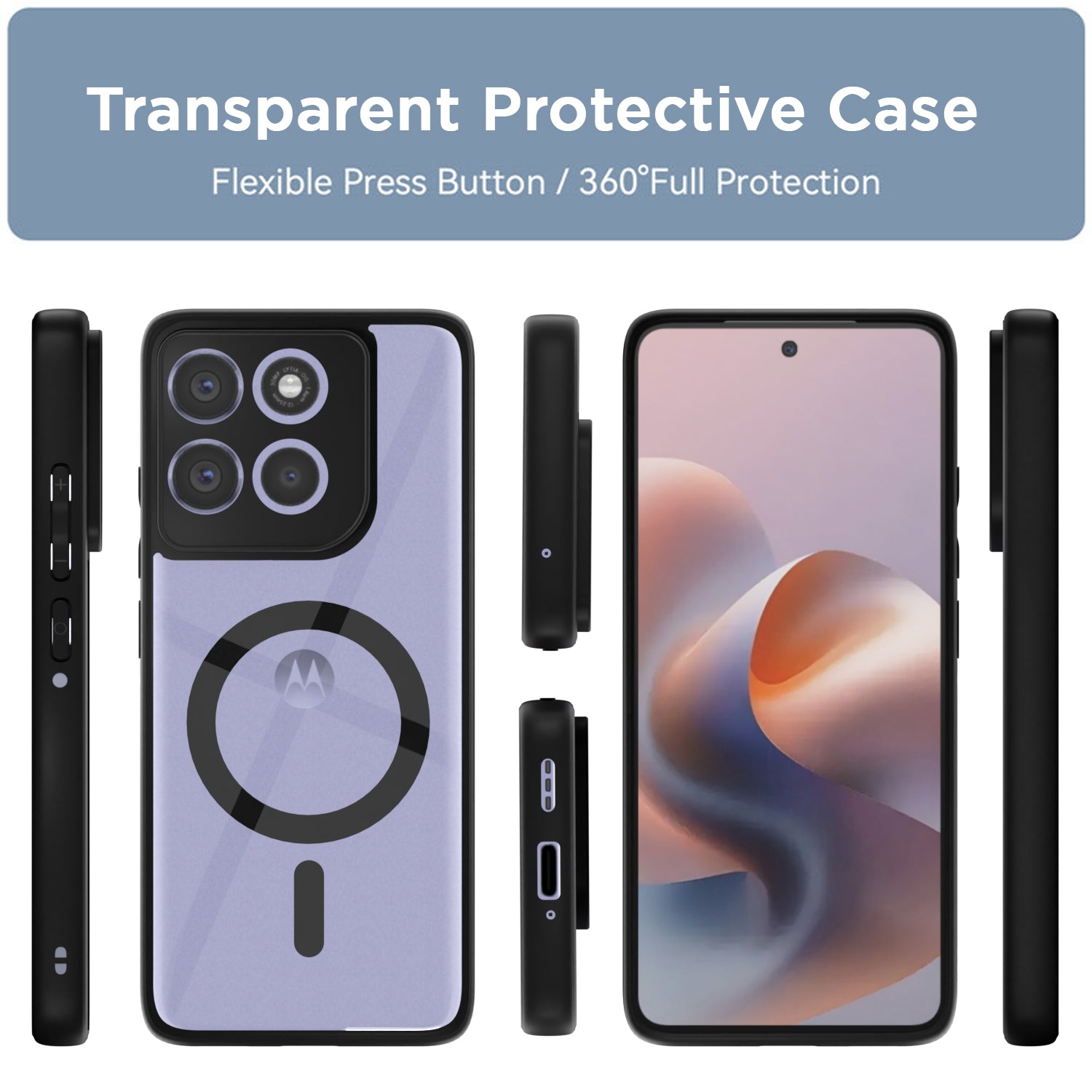 Pikkme Motorola Moto G86 Power 5G Eagle 2 Mag-Safe Shockproof Hard Transparent Back Cover (Black)