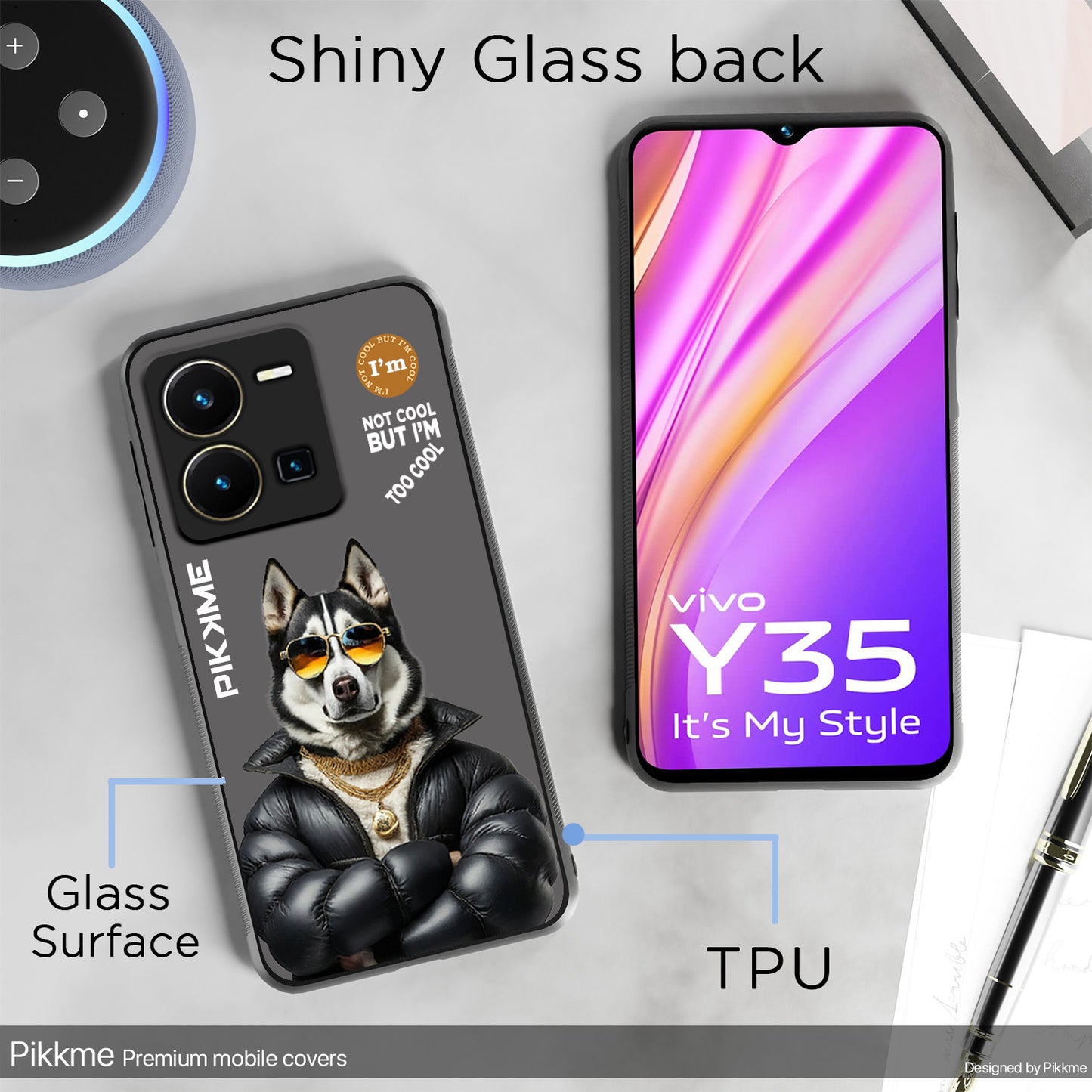 Pikkme Back Cover Pc Tpu + Printed Cool Funky Stylish Grey Dog Swag Raised Edges Camera Protection |Bumper Case For Vivo Y35 (Design 02)