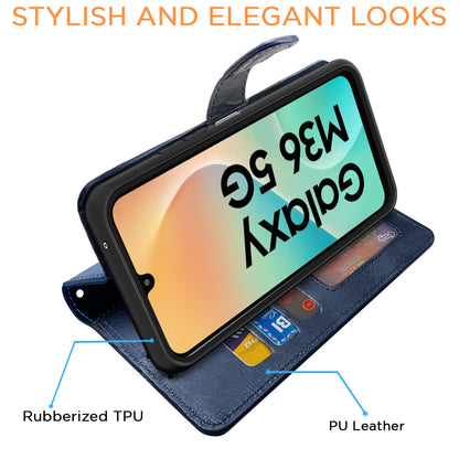 Pikkme Samsung Galaxy M36 5G Dual-Tone PU Leather Finish Magnetic Flip Cover (Navy & LightBlue)